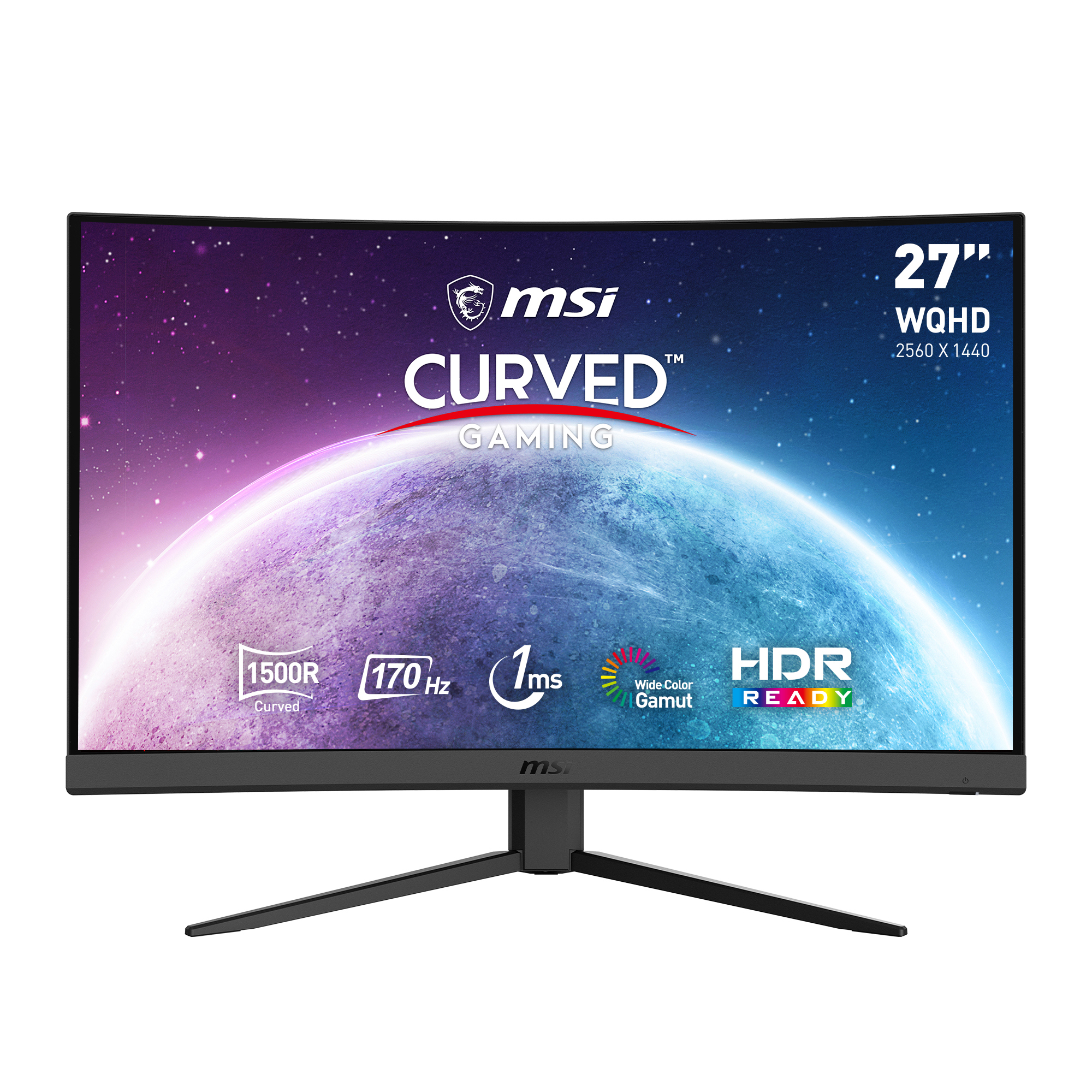 Monitor curvo da gioco, cornice nera. Mostra un pianeta colorato e dettagli di gioco.