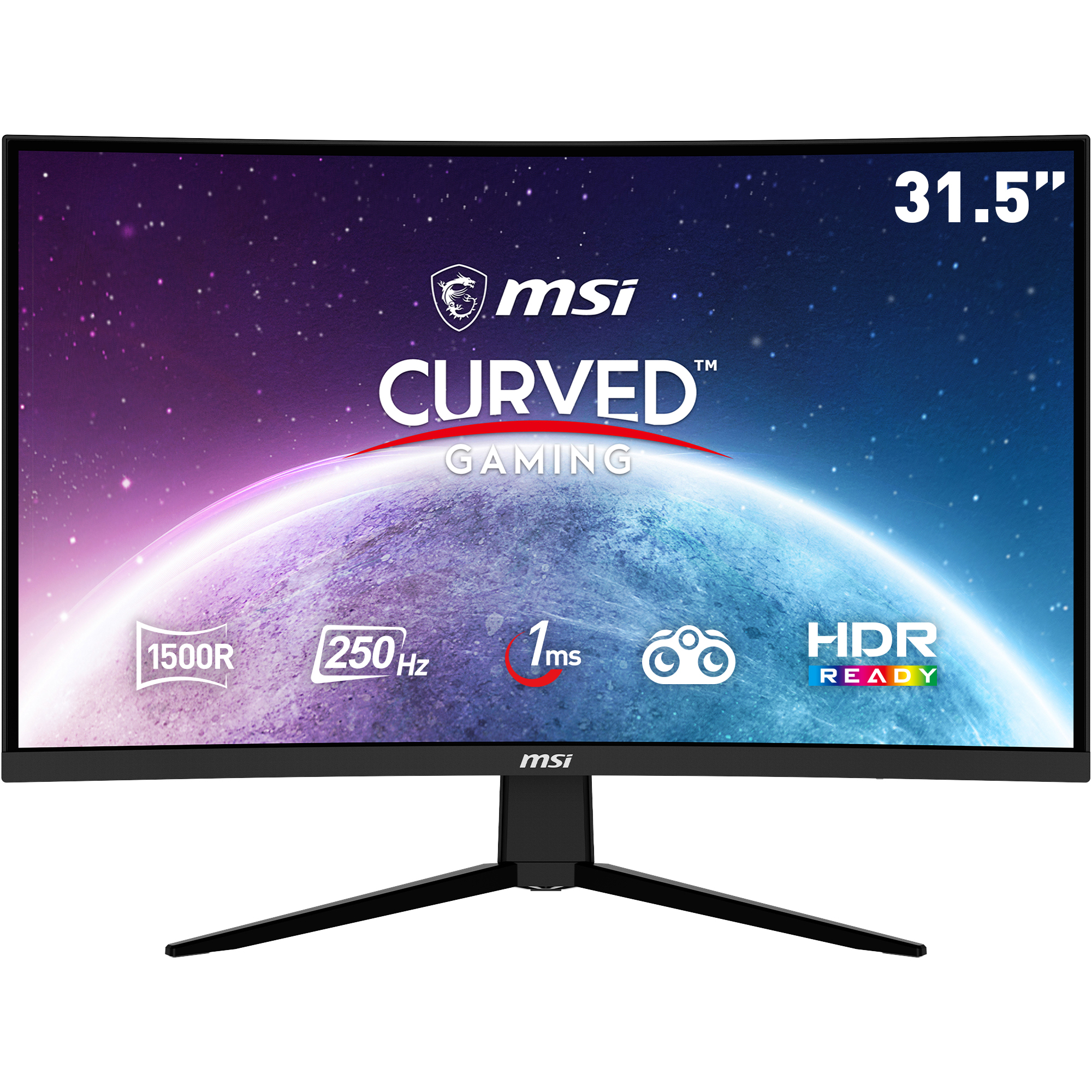 Monitor gaming curvo MSI nero, con schermo curvo. Mostra specifiche di gioco e scena spaziale.