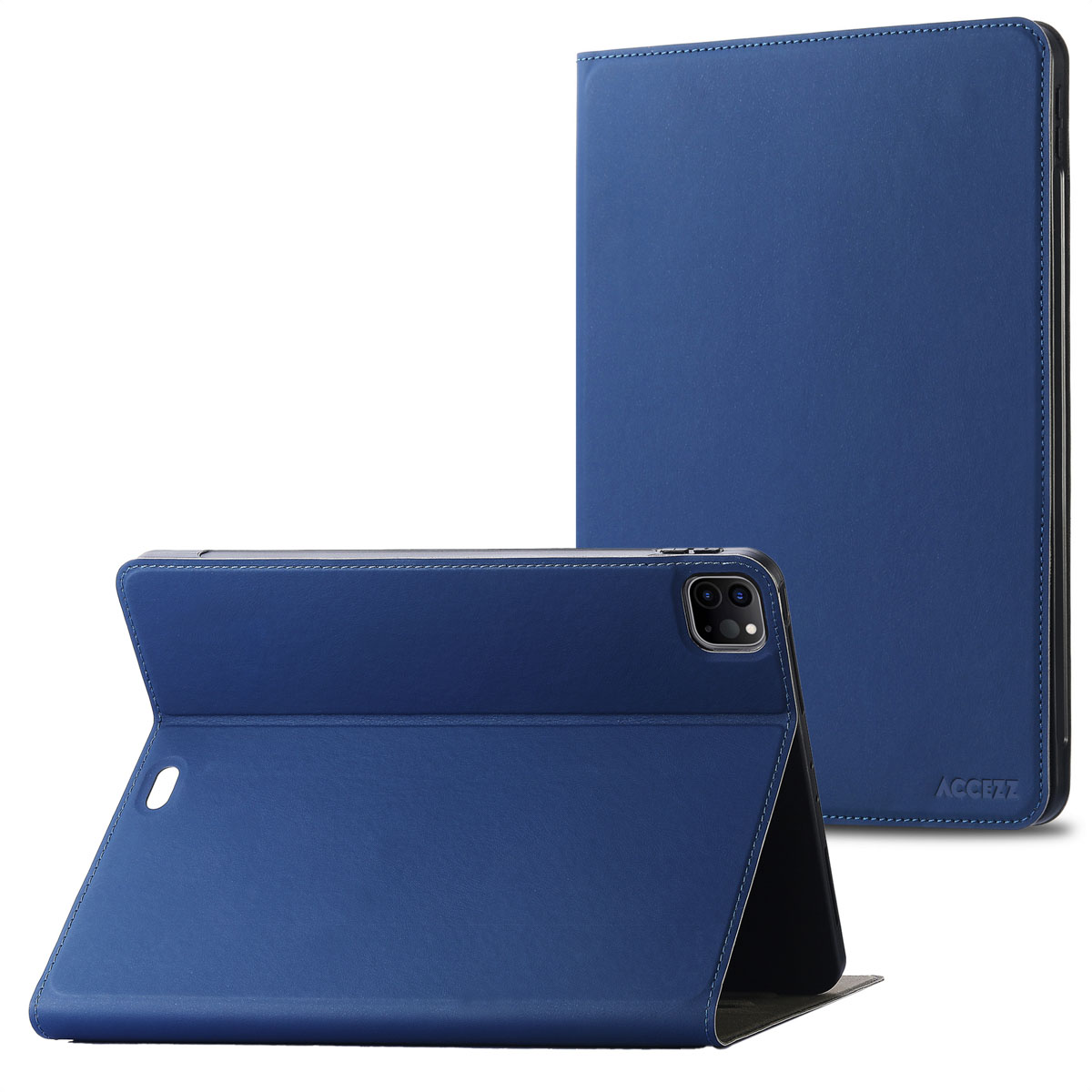 A blue leather tablet case with a stand function. The brand name is 'ACCEZZ'.