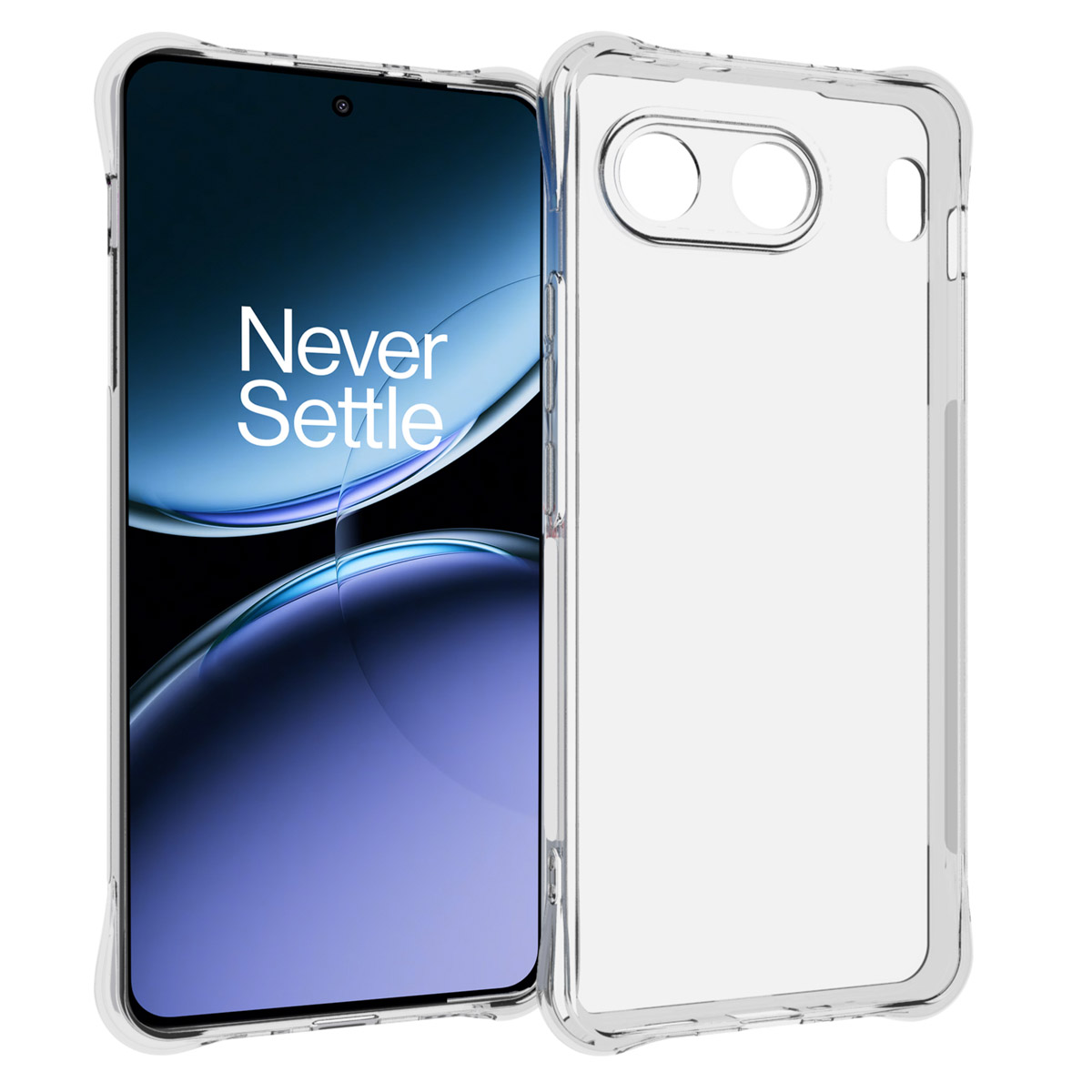 Transparente Handyhülle auf einem Telefon mit blau-lila Hintergrund. Das Telefon zeigt Text.