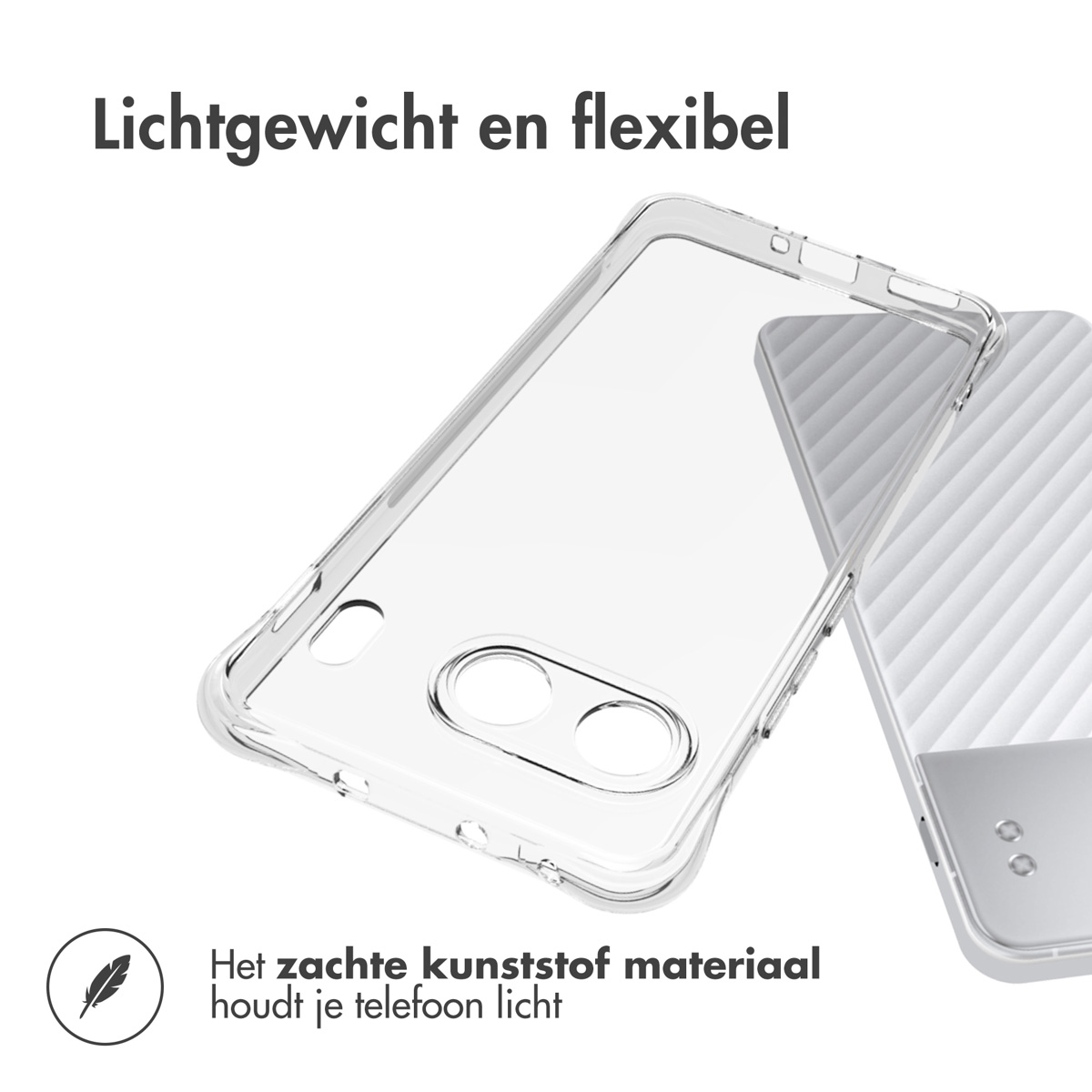 Transparente Handyhülle mit Telefon darin, Text "Lichtgewicht en flexibel" und eine Feder.