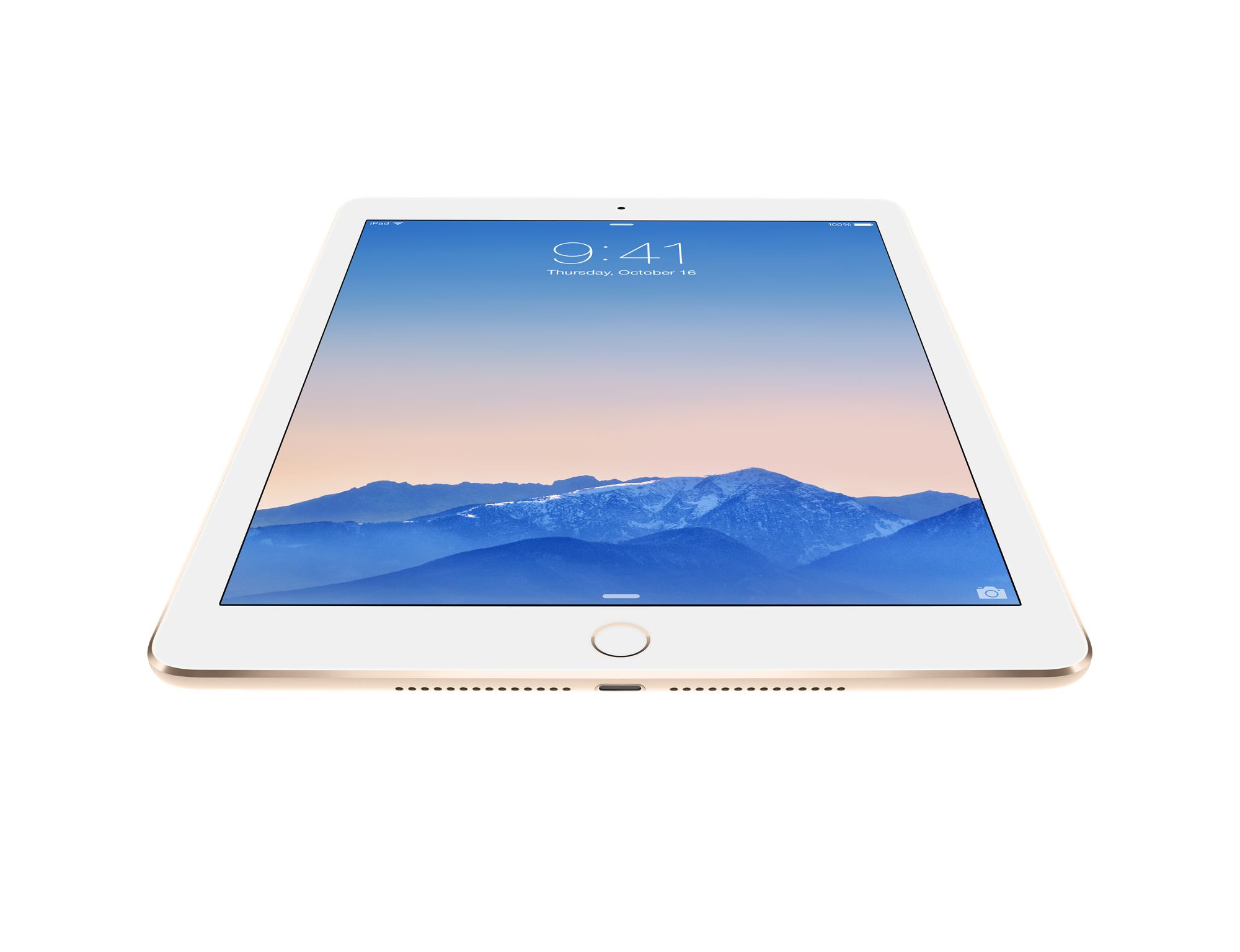 iPad blanco con vista de montaña y hora en pantalla.