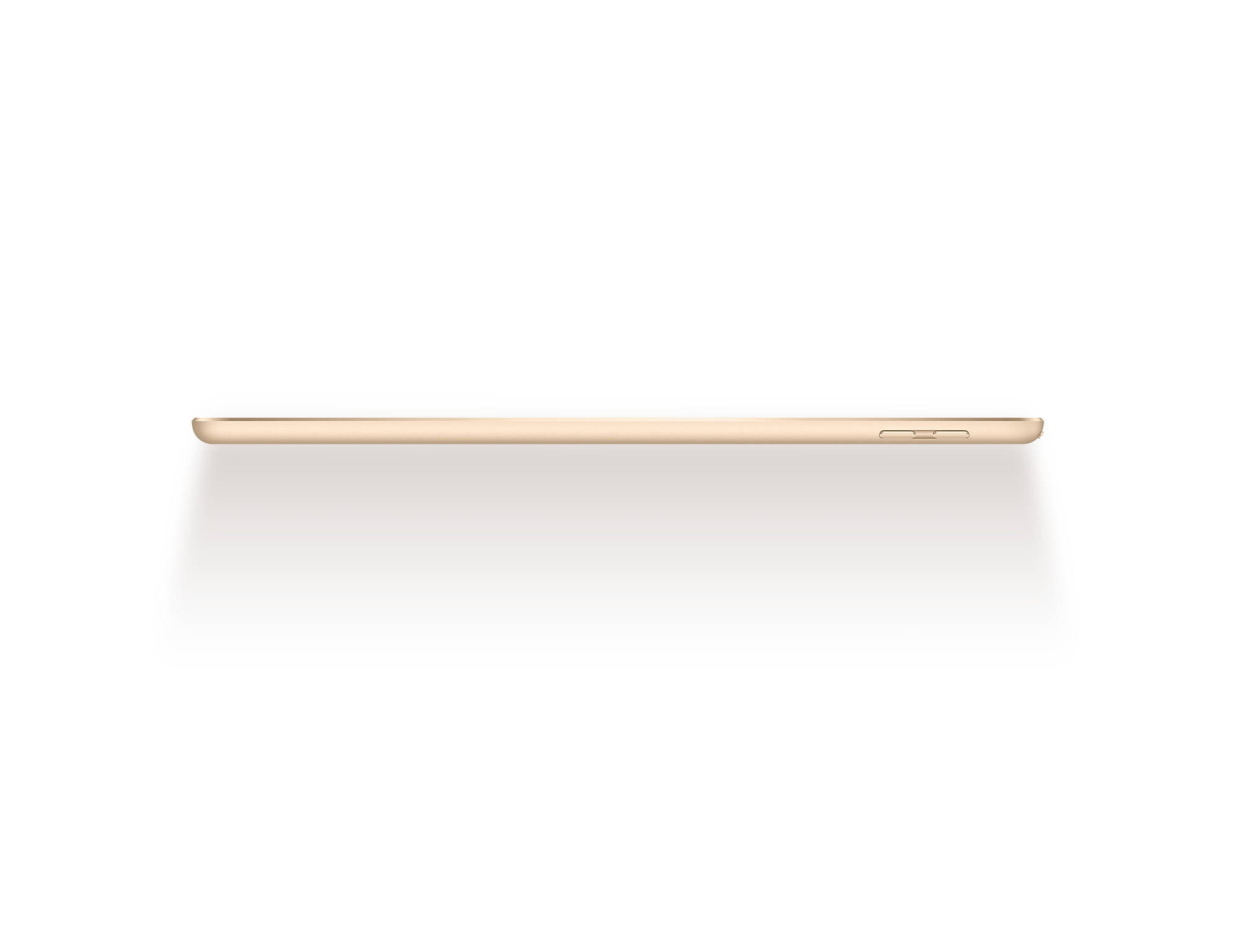 Eine Seitenansicht eines goldfarbenen Tablets. Das Tablet befindet sich auf weißem Hintergrund. Es ist dünn.