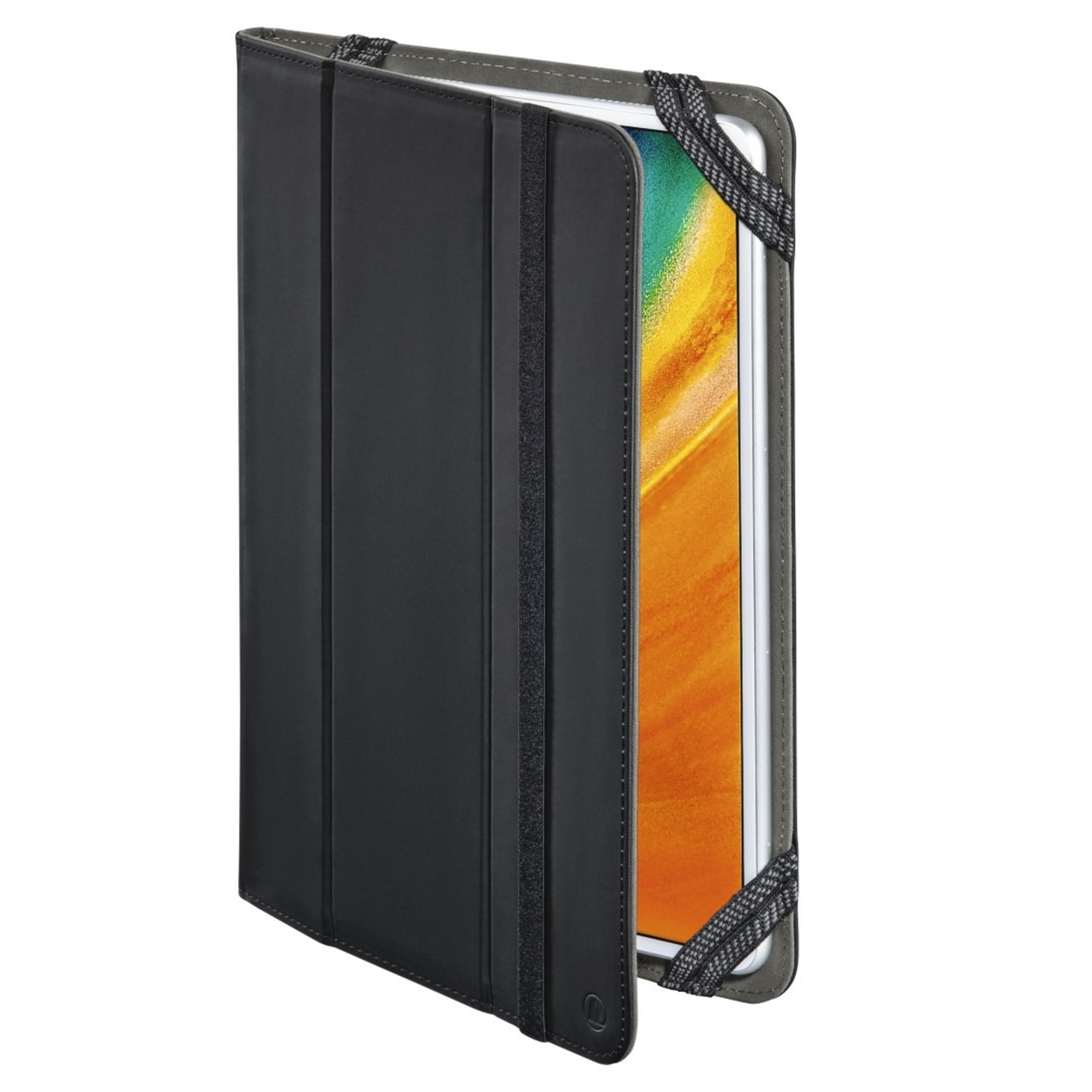 Eine schwarze Tablethülle mit elastischen Riemen, die ein Tablet mit einem farbenfrohen Bildschirm hält.