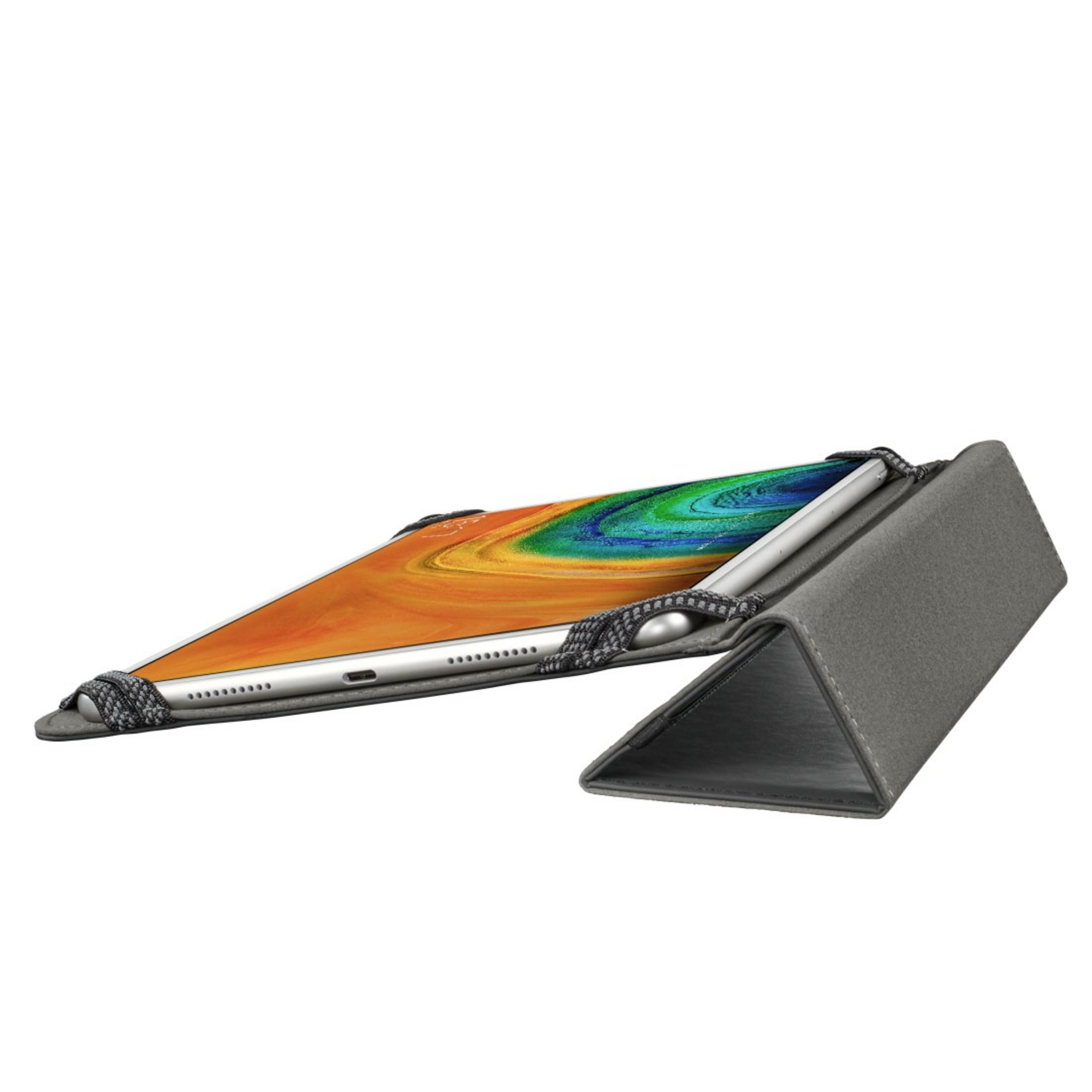 Ein Tablet, in einem grauen Gehäuse, nach oben geneigt, mit orange-grünem Bildschirm sichtbar.