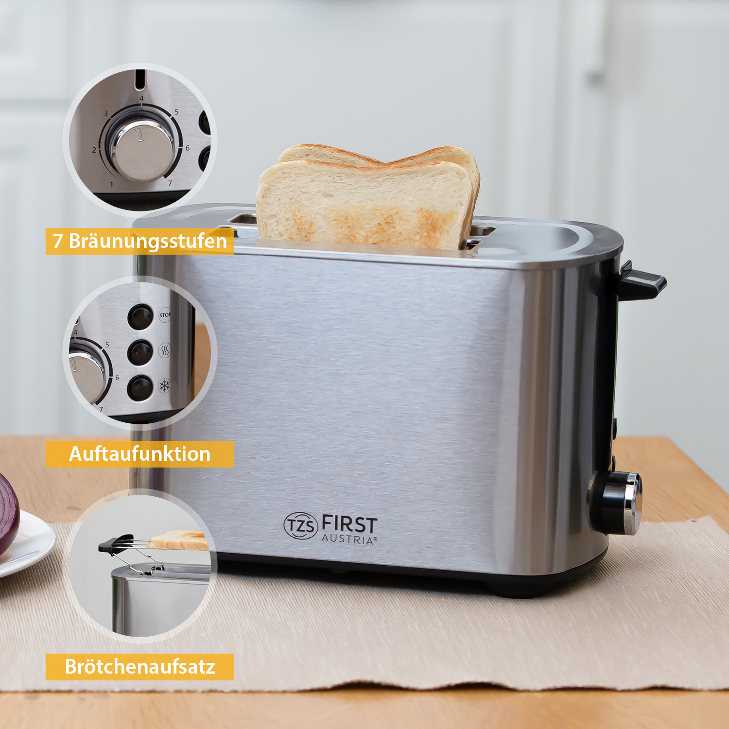 Silberner Toaster mit 2 Brotscheiben und Bedienknöpfen. Er hat einen Brötchenaufsatz.