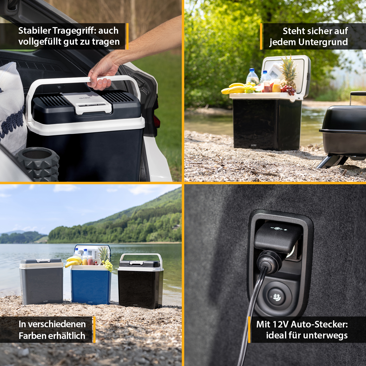 Vier Bilder: Eine Kühlbox im Auto, am Strand, am Wasser und mit Steckdose. Textüberlagerungen.