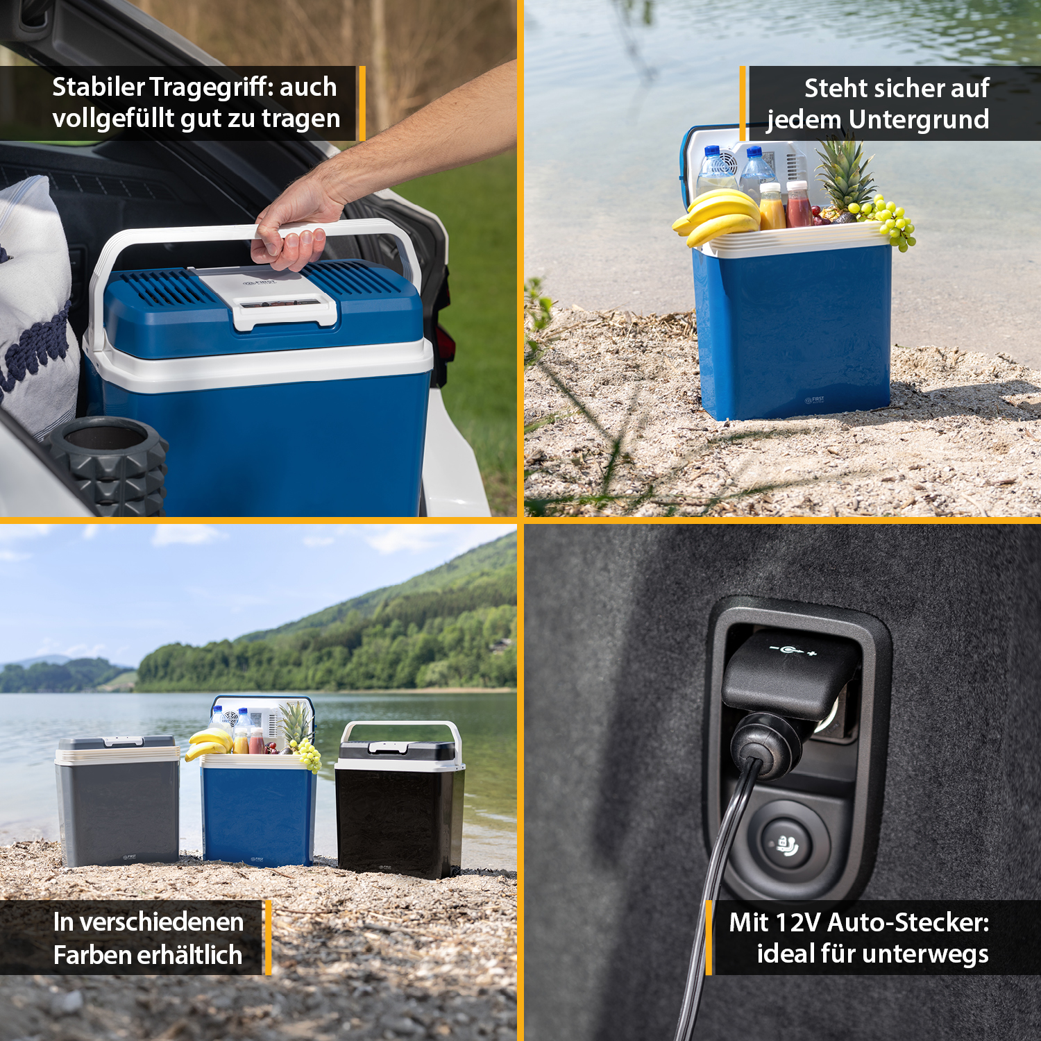 Collage von Bildern, die eine blaue Kühlbox, verschiedene Gegenstände und Autodetails zeigen.
