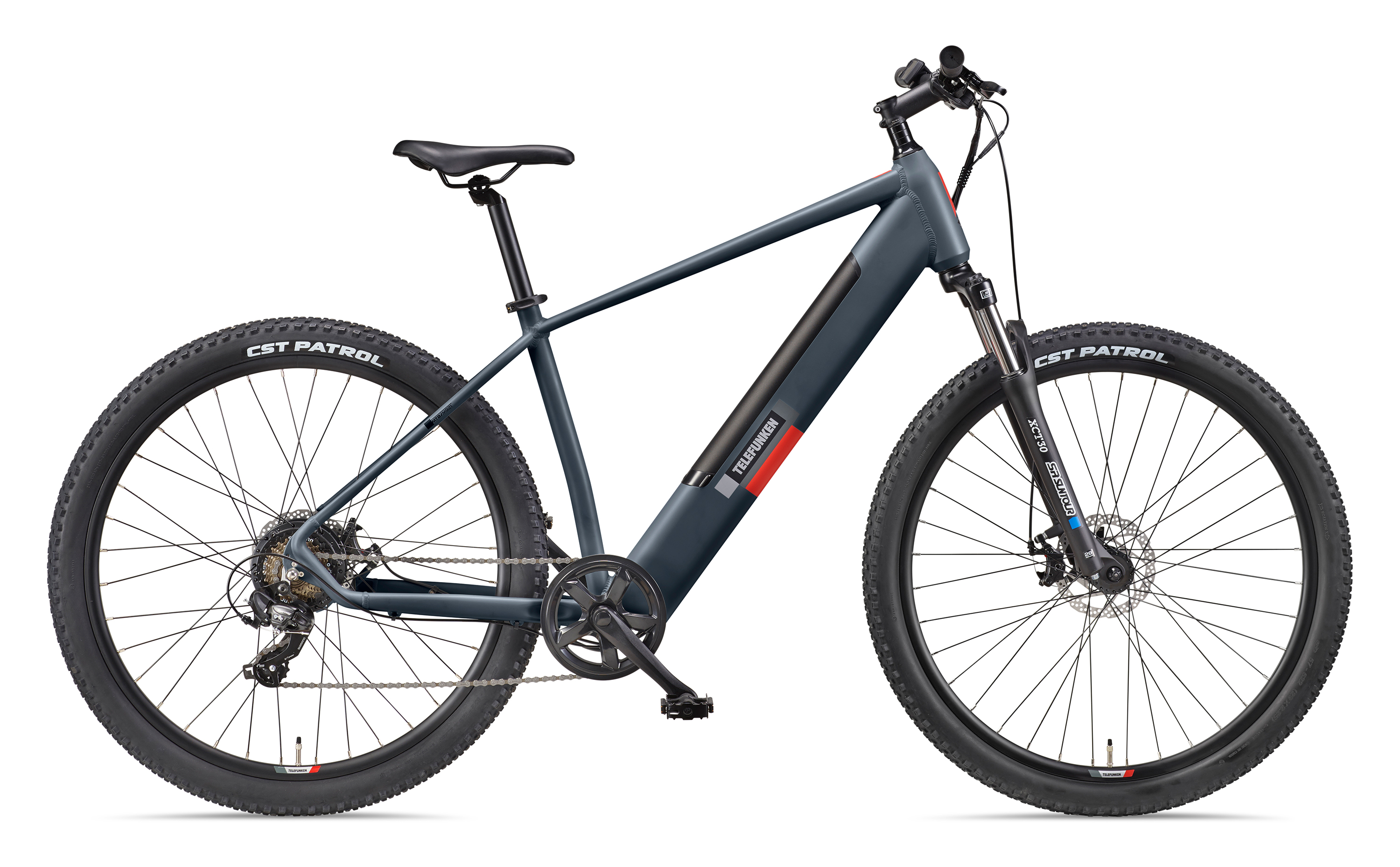 Ein dunkelgraues Elektrofahrrad mit schwarzen Reifen. Es hat den Markennamen auf dem Rahmen.