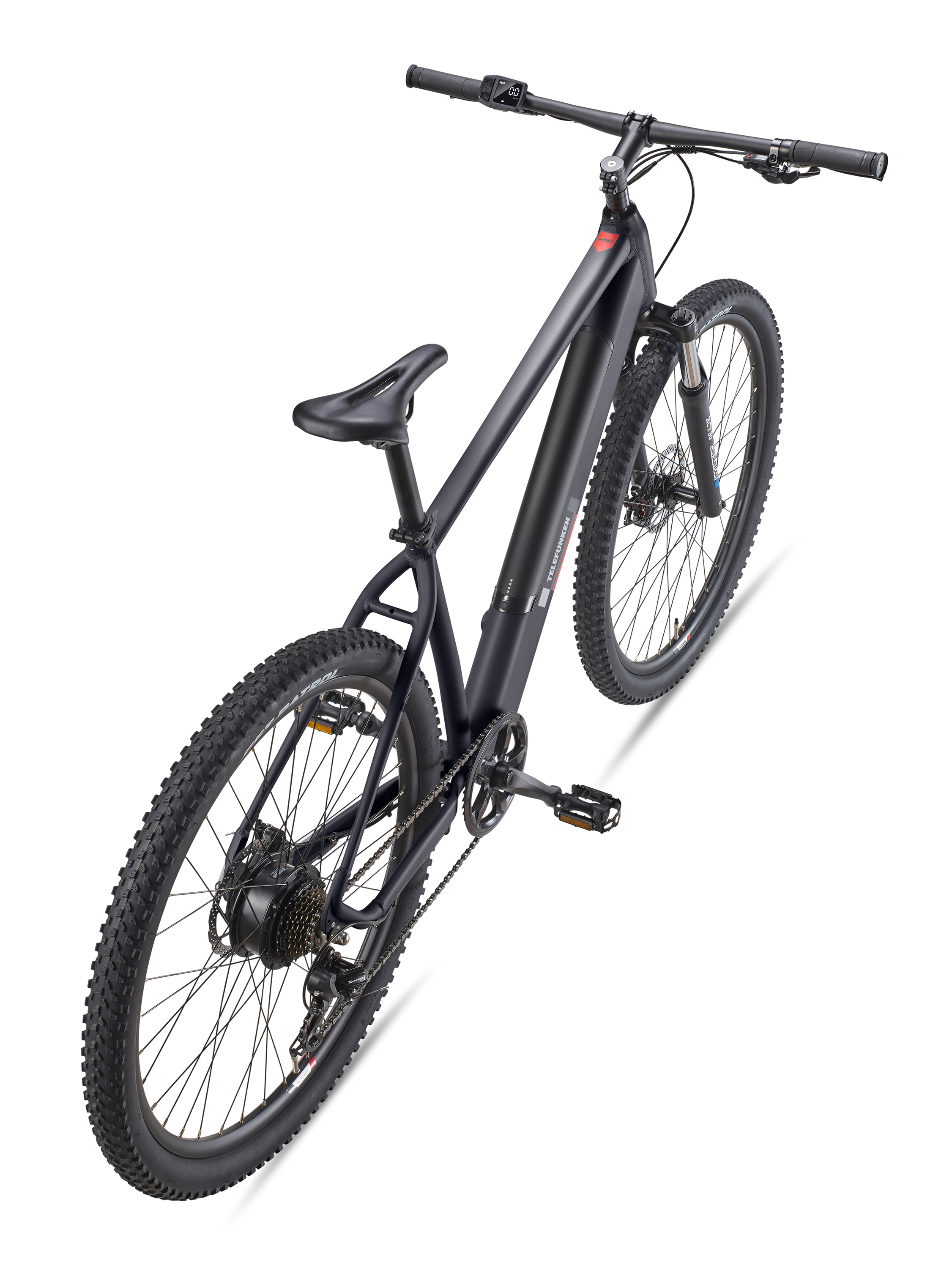 Schwarzes Elektrofahrrad von oben auf weißem Hintergrund. Hat schwarze Reifen und Sitz.