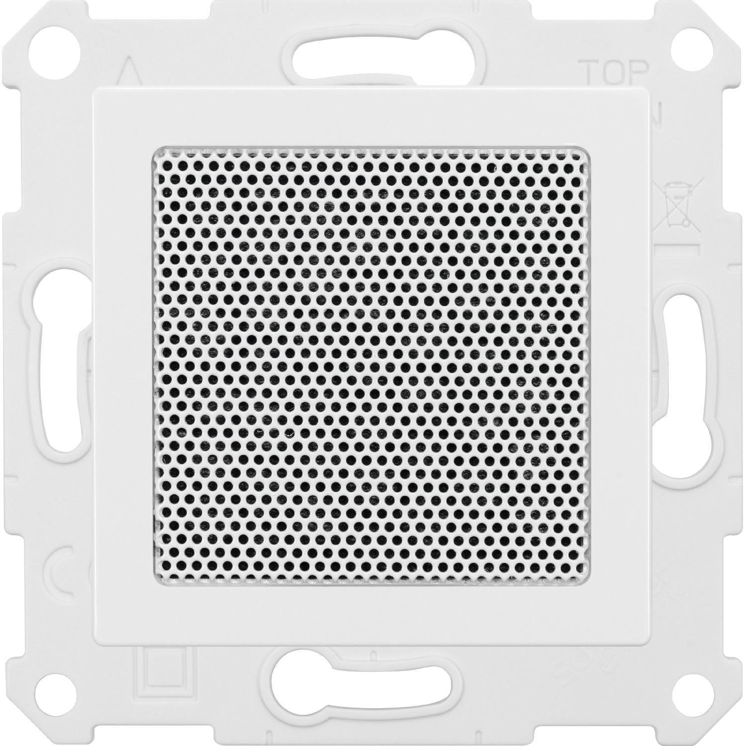 Biała osłona gniazda elektrycznego z kwadratową siatką. Ma etykietę górną i otwór na śrubę.
