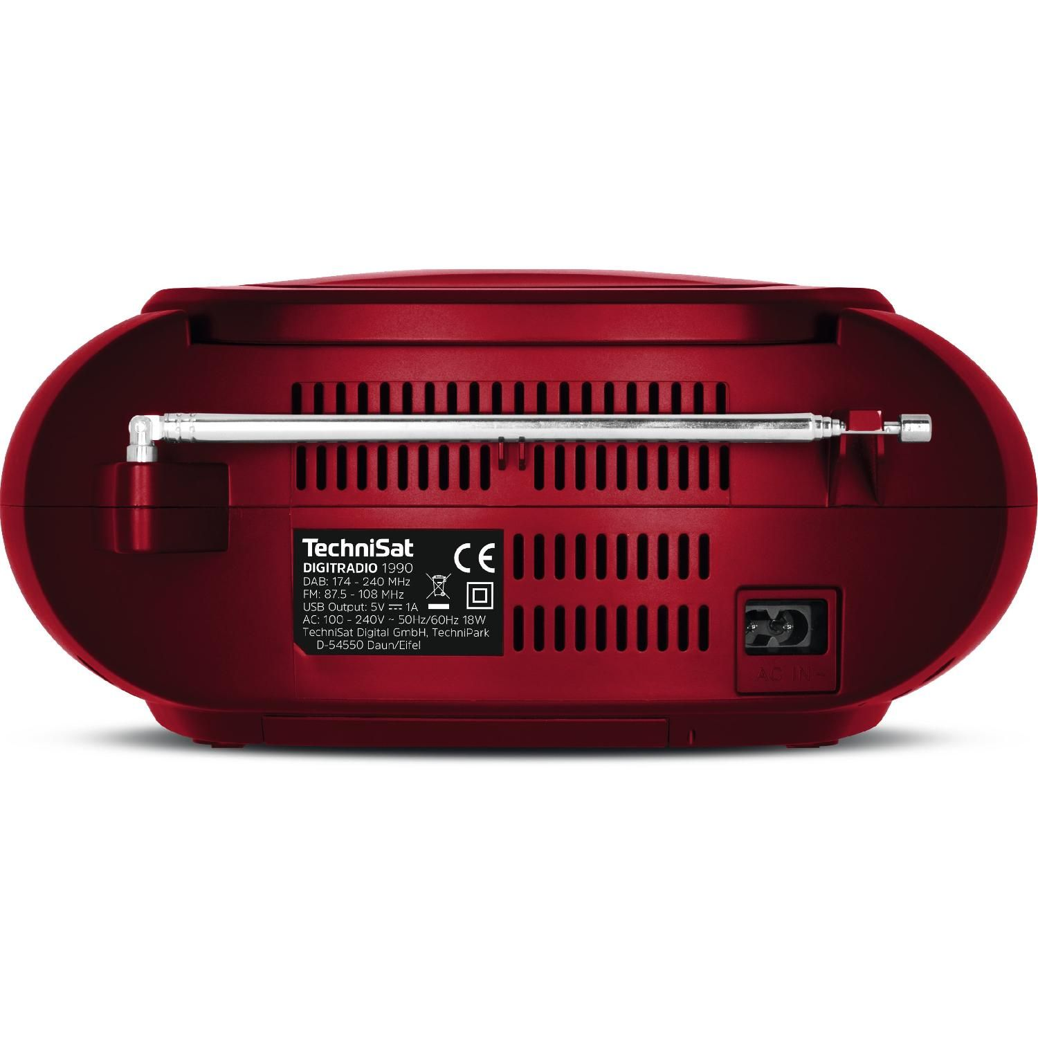 La parte posteriore di una radio TechniSat rossa con antenna estraibile e ingresso alimentazione. Testo visibile.
