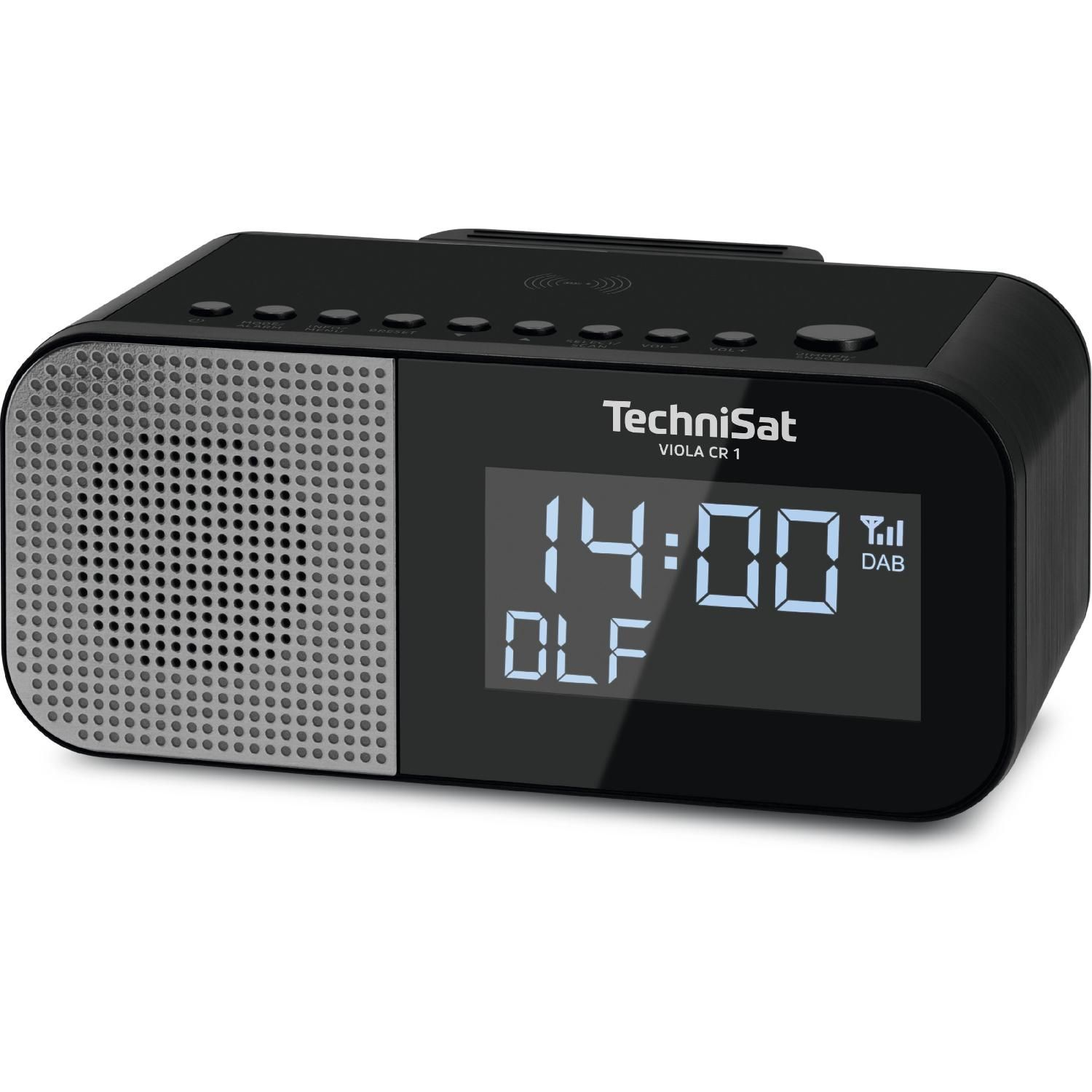 Schwarzes TechniSat-Radio mit digitaler Uhranzeige, auf weißer Oberfläche.