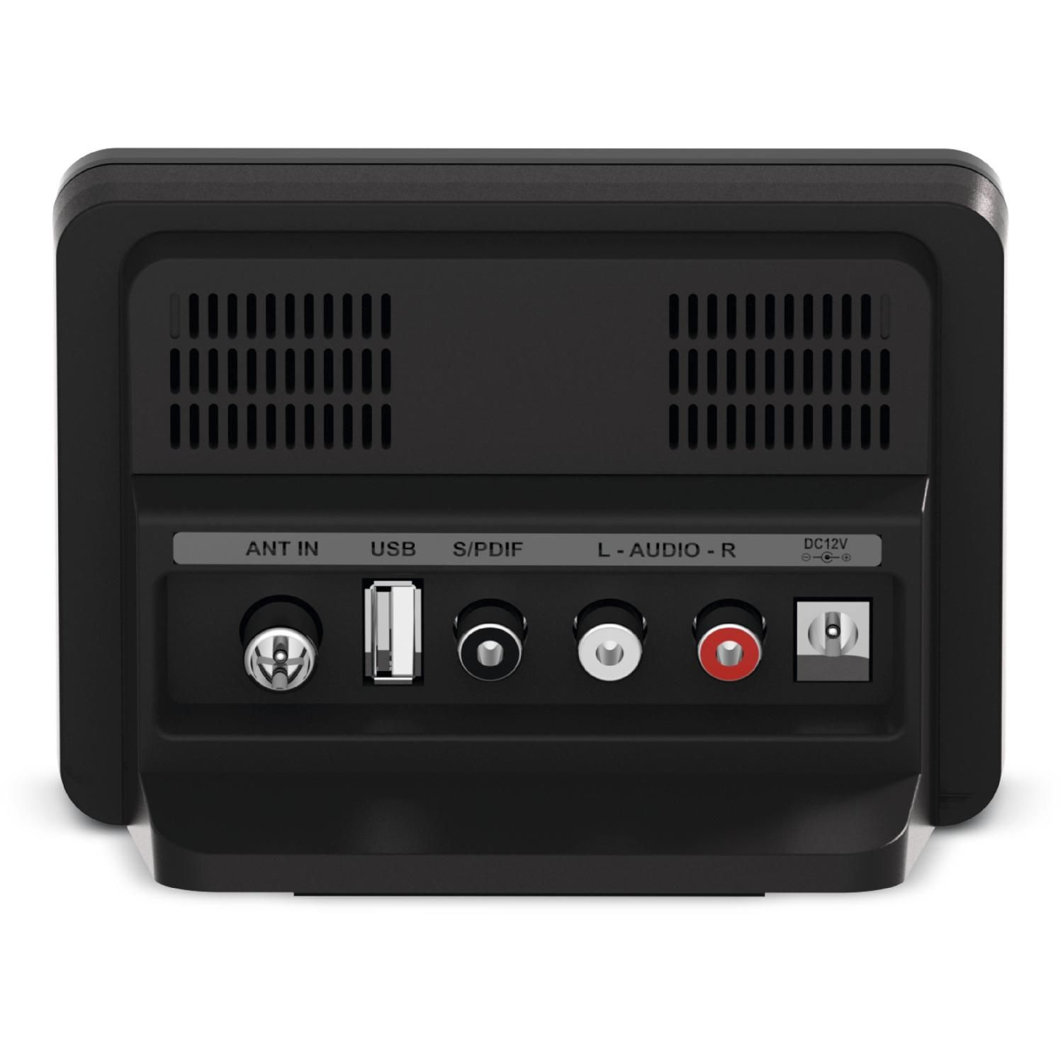 Parte trasera del dispositivo negro con puertos: ANT IN, USB, S/PDIF, L-AUDIO-R y DC12V.