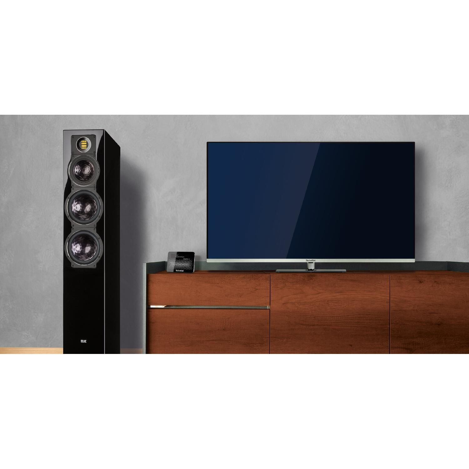 Un altavoz negro y un televisor sobre un mueble de madera contra una pared gris.