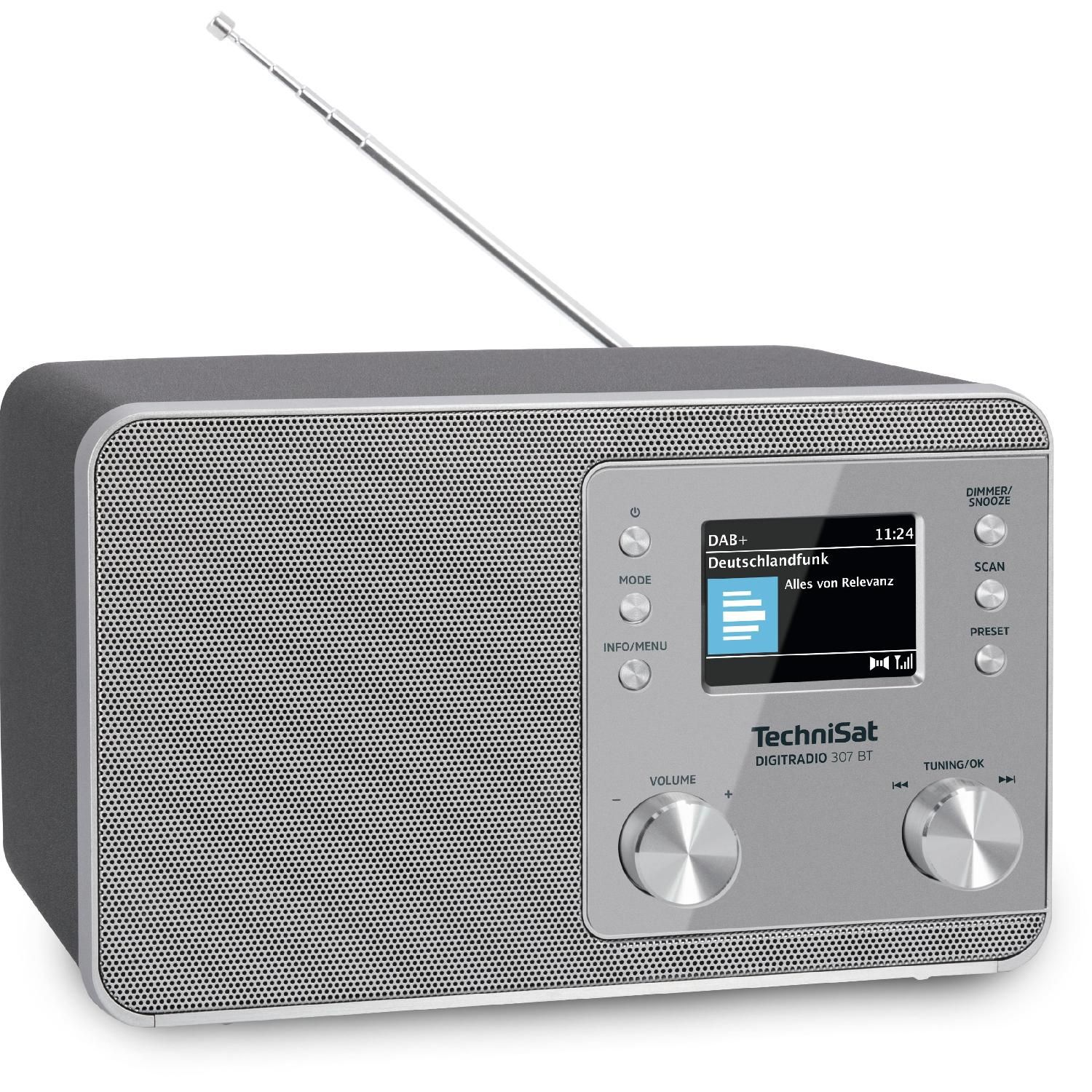 Radio TechniSat grigia con display che mostra una stazione radio. Pulsanti e antenna argentati. Corpo grigio scuro.