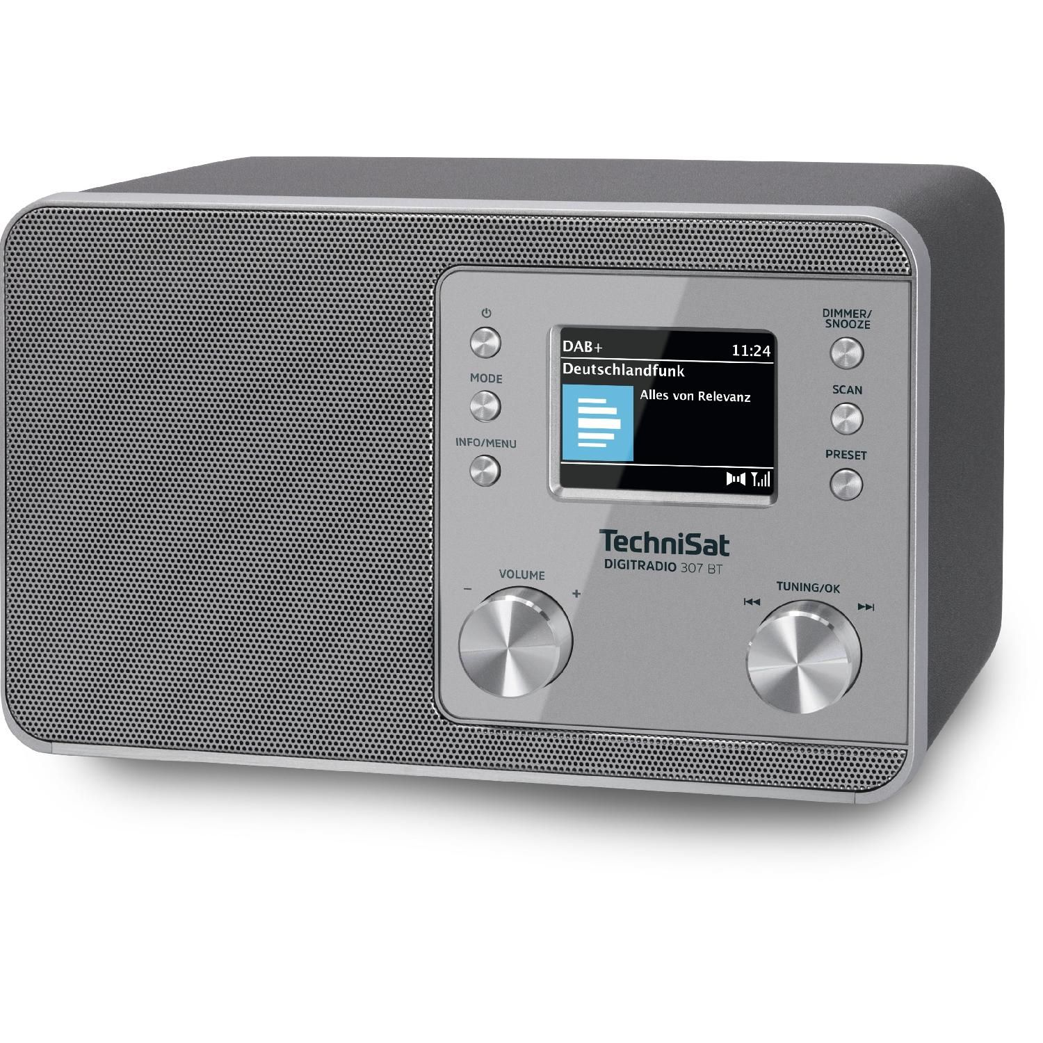 Una radio TechniSat grigia con schermo, manopole del volume e di sintonia e diversi pulsanti.
