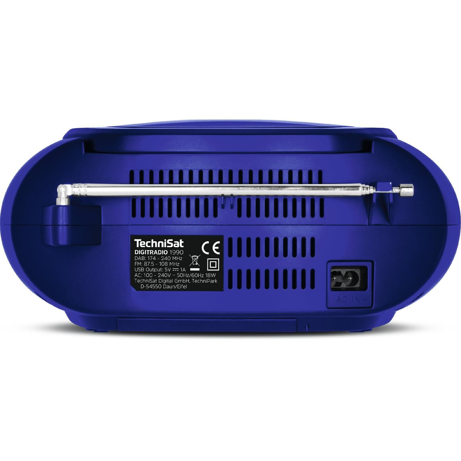 Radio blu con antenna ed etichette sul retro. Ha un ingresso di alimentazione e un marchio CE.