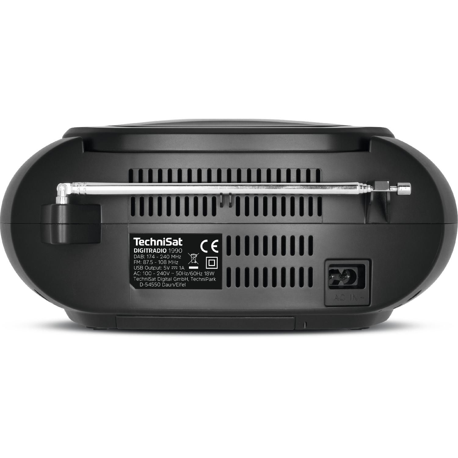 Czarne radio ze srebrną anteną i różnymi etykietami z tyłu.