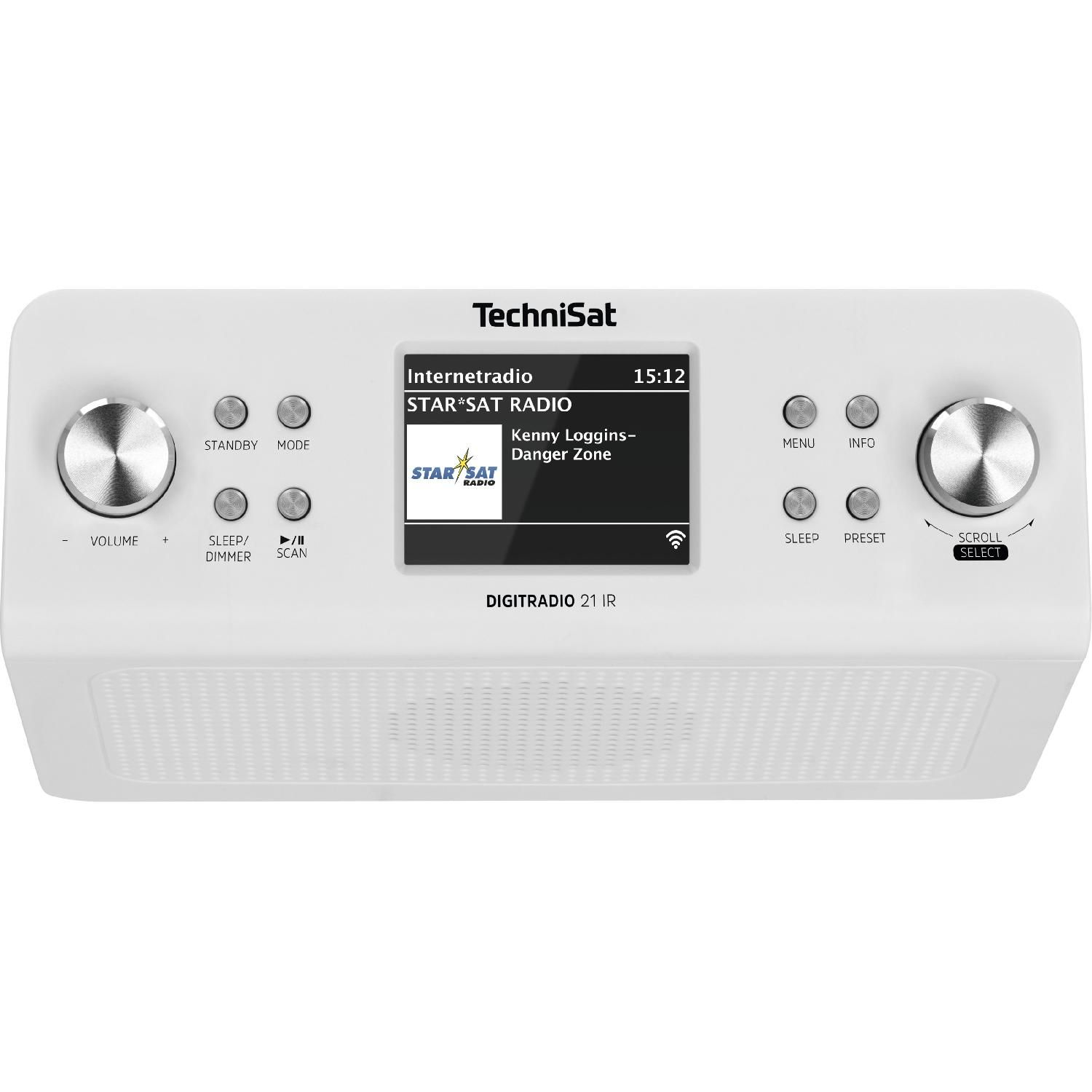 Weißes Digitalradio mit Display, Knöpfen und silbernem Drehregler.