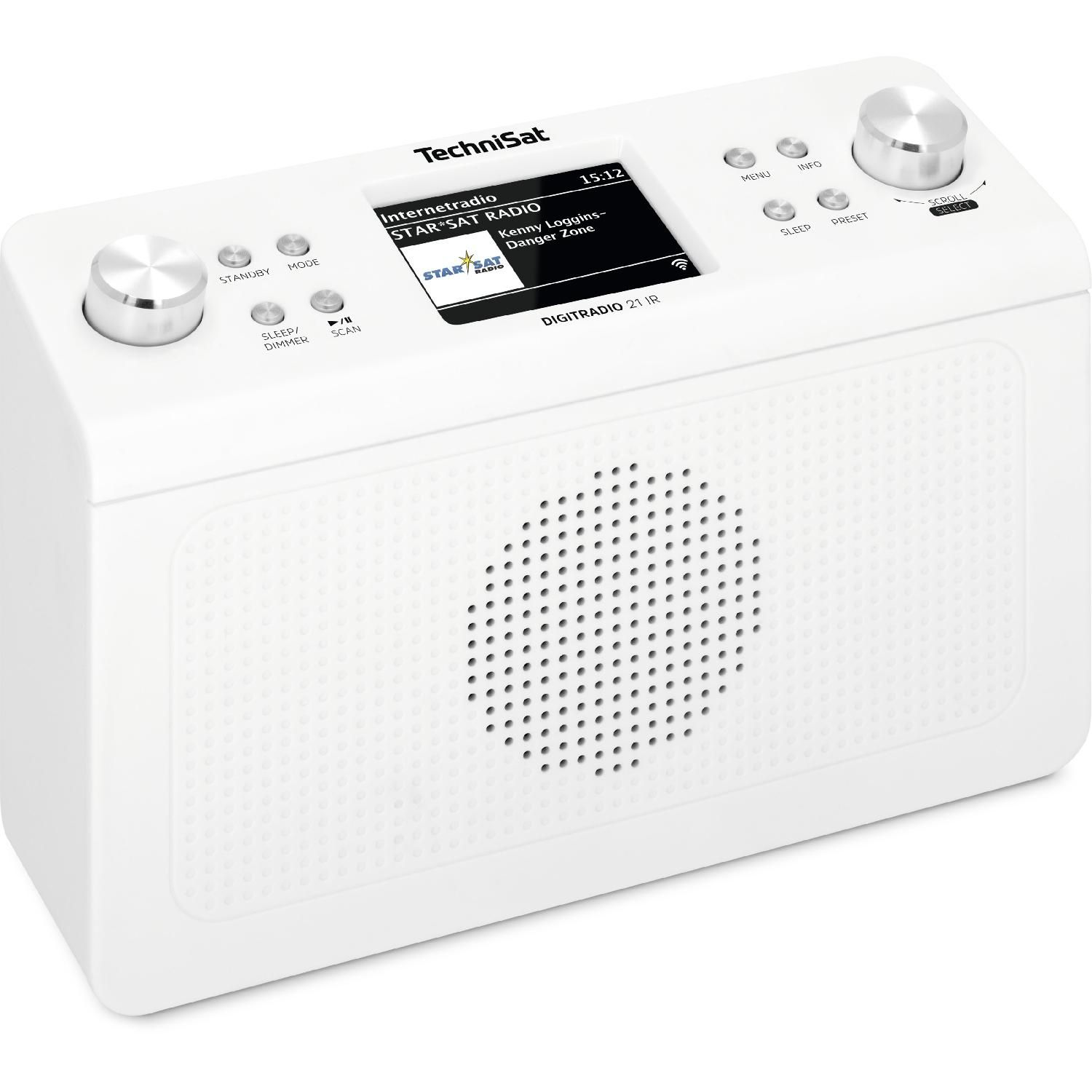 Weißes TechniSat Internetradio. Das Display zeigt Stationsinformationen. Silberne Knöpfe und Tasten. Schräge Ansicht.