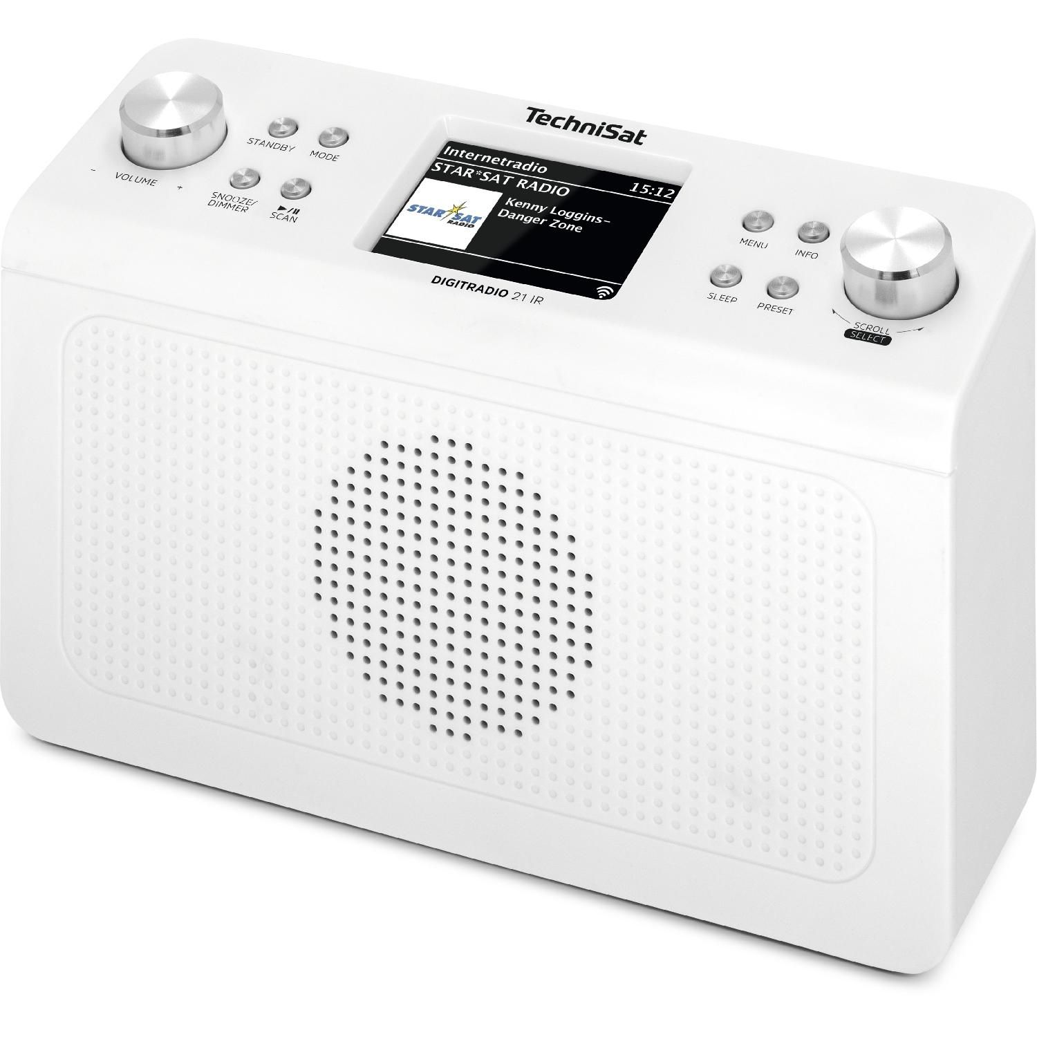 Weißes Digitalradio mit Knöpfen, Bildschirm und Lautsprecher. Silberner Knopf rechts.