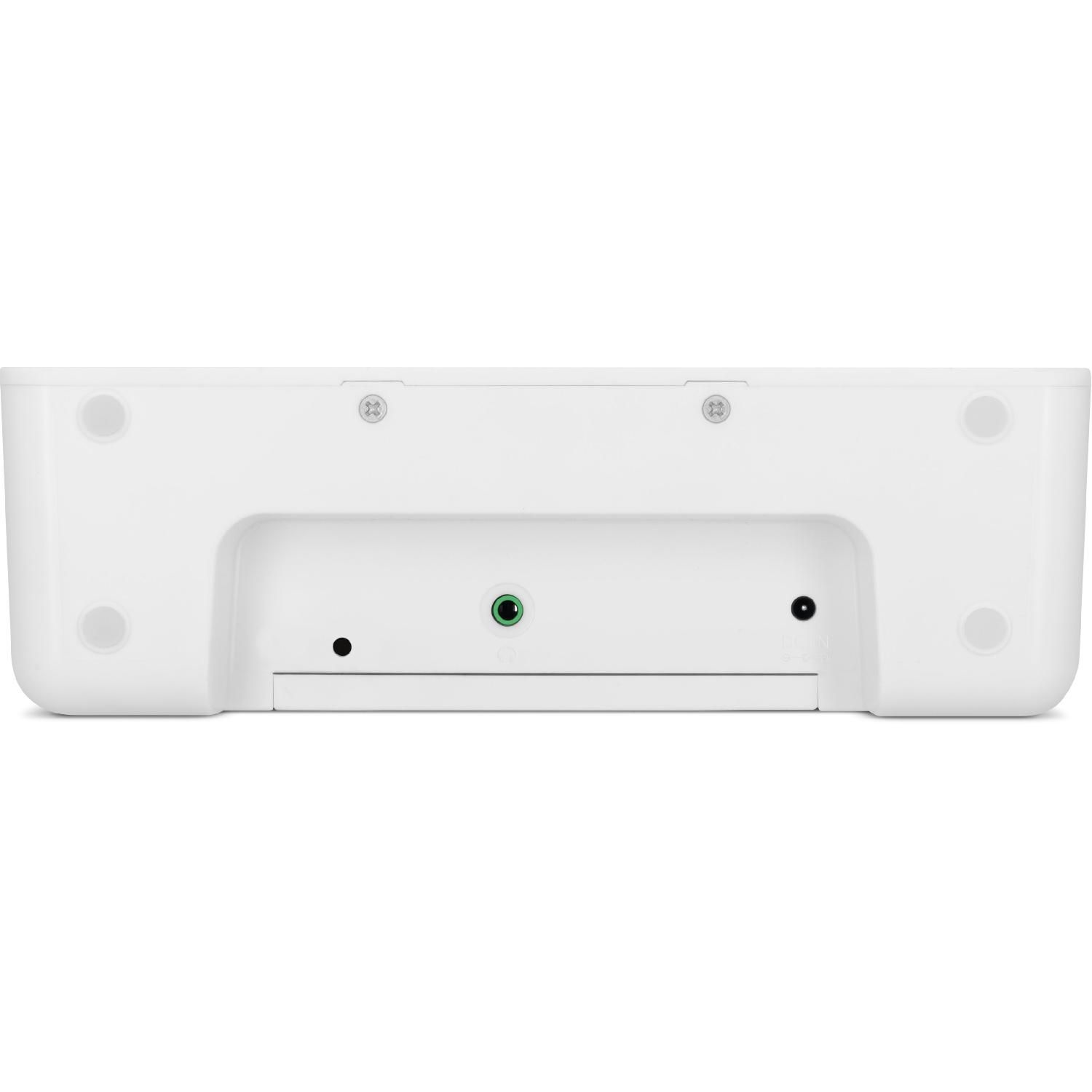 Eine weiße Soundbar mit Anschlüssen auf der Rückseite. Enthält einen grünen und zwei schwarze Anschlüsse.