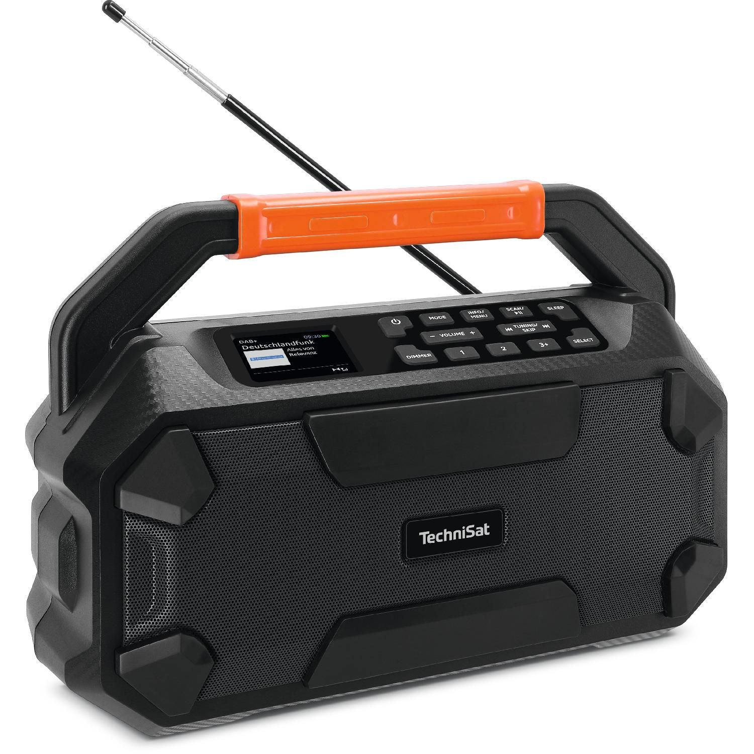Radio negro con asa y antena, empuñadura naranja. Pantalla y altavoz.