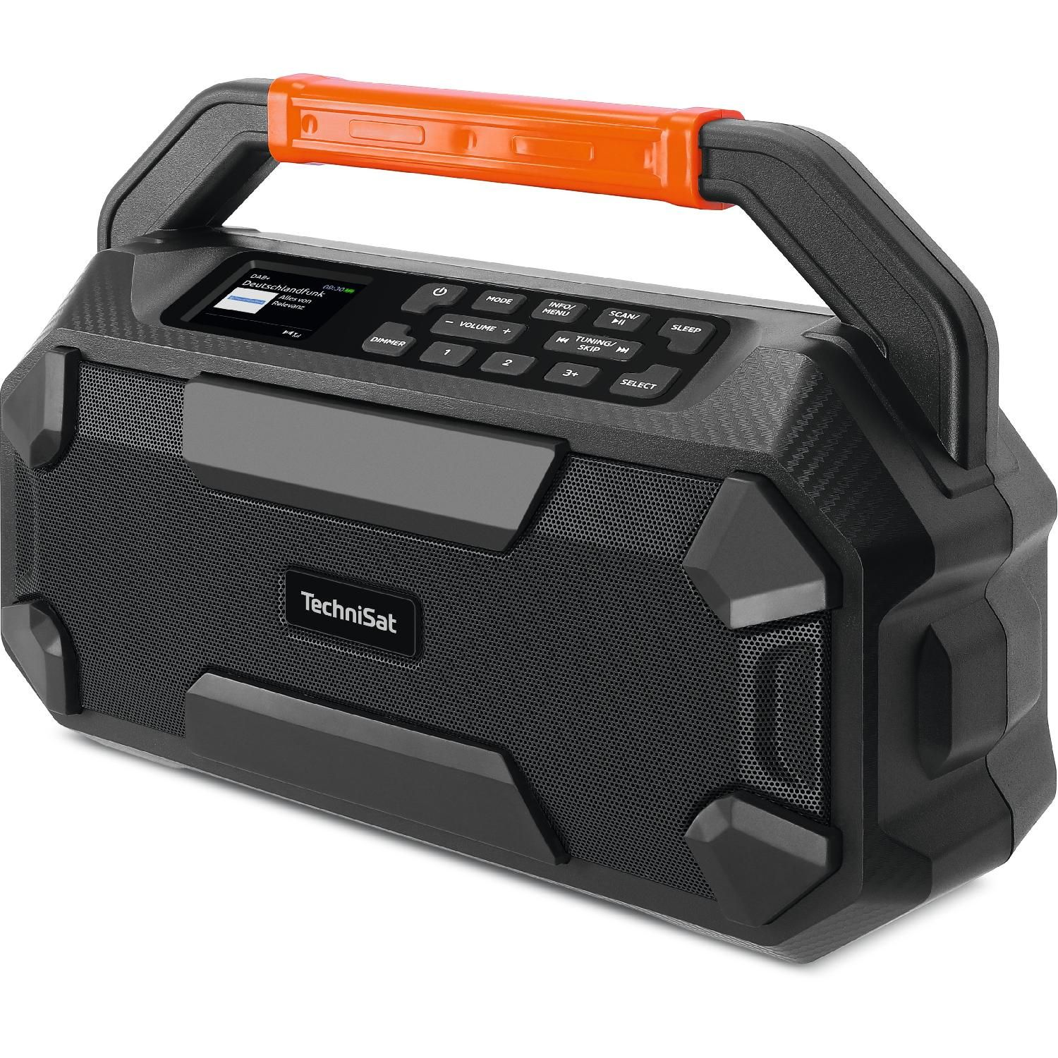 Altavoz negro y naranja con asa. Tiene botones y una pequeña pantalla en la parte delantera.
