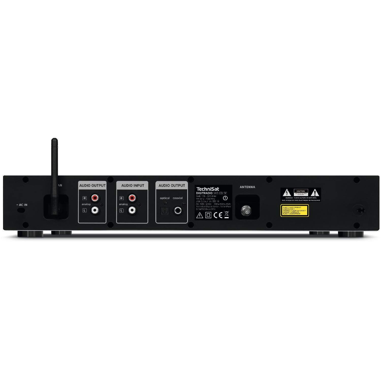 Czarny radioodtwarzacz Technisat z różnymi portami wejścia/wyjścia z tyłu.