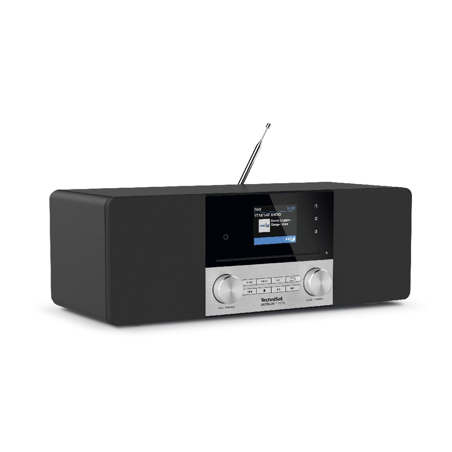 Czarny radio TechniSat z ekranem i przyciskami. Srebrny pasek i antena na górze.