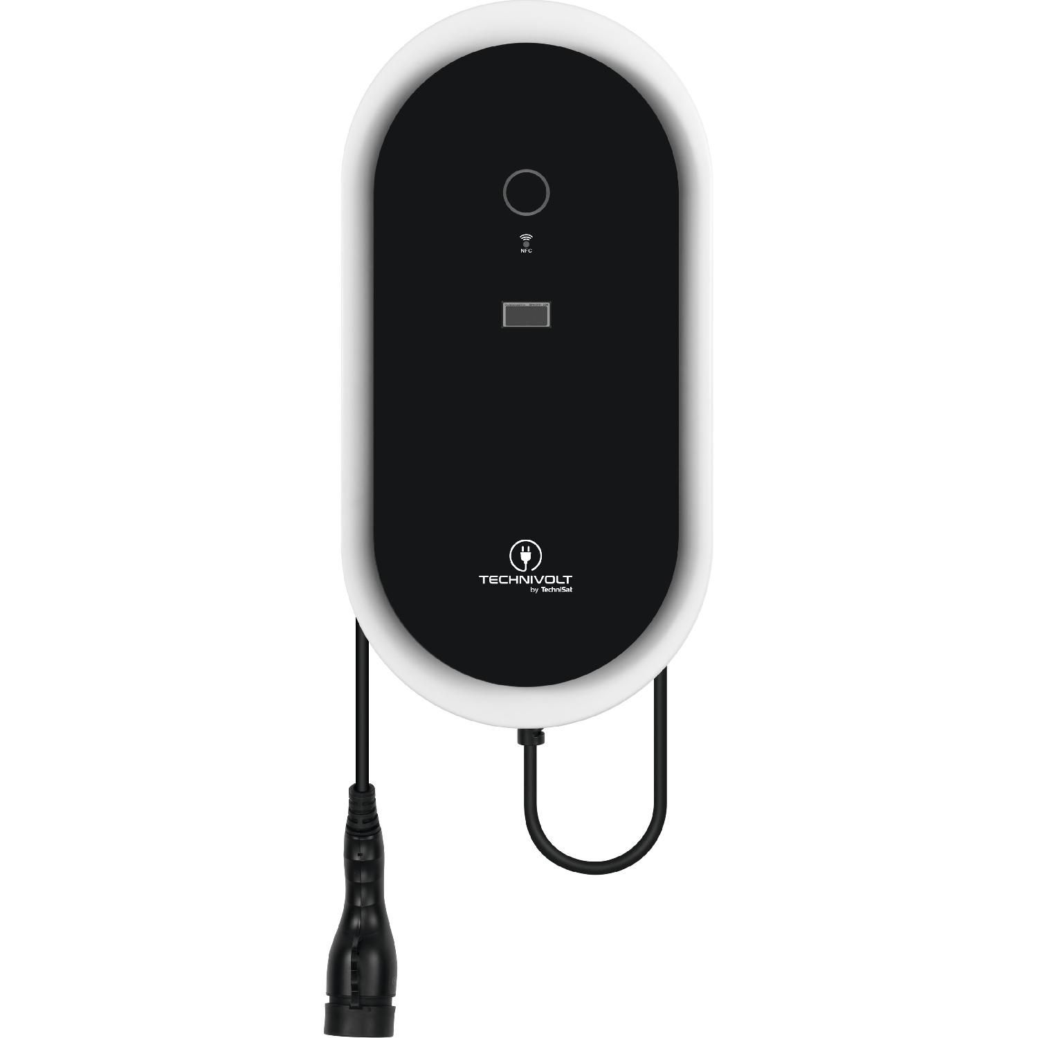 Ein weißer, gebogener Elektrofahrzeug-Ladegerät, an einer Wand montiert, mit schwarzem Ladekabel.