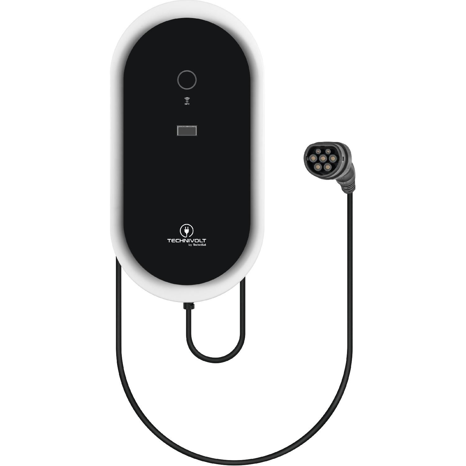 Eine weiße und schwarze Ladestation für Elektrofahrzeuge mit angeschlossenem Ladekabel.