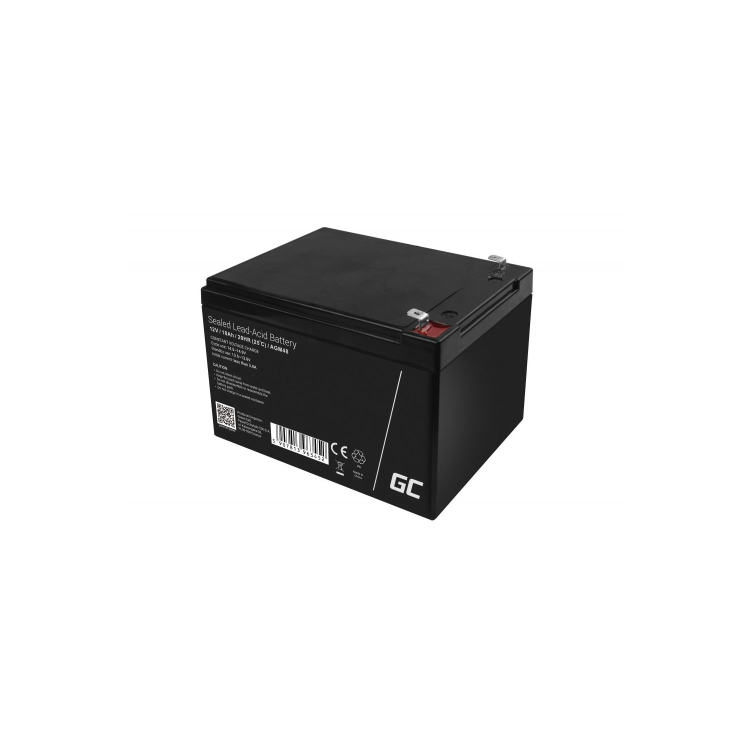 Schwarze rechteckige Batterie mit grün-weißem Etikett. Sie hat einen schwarzen Deckel und einen Anschluss.