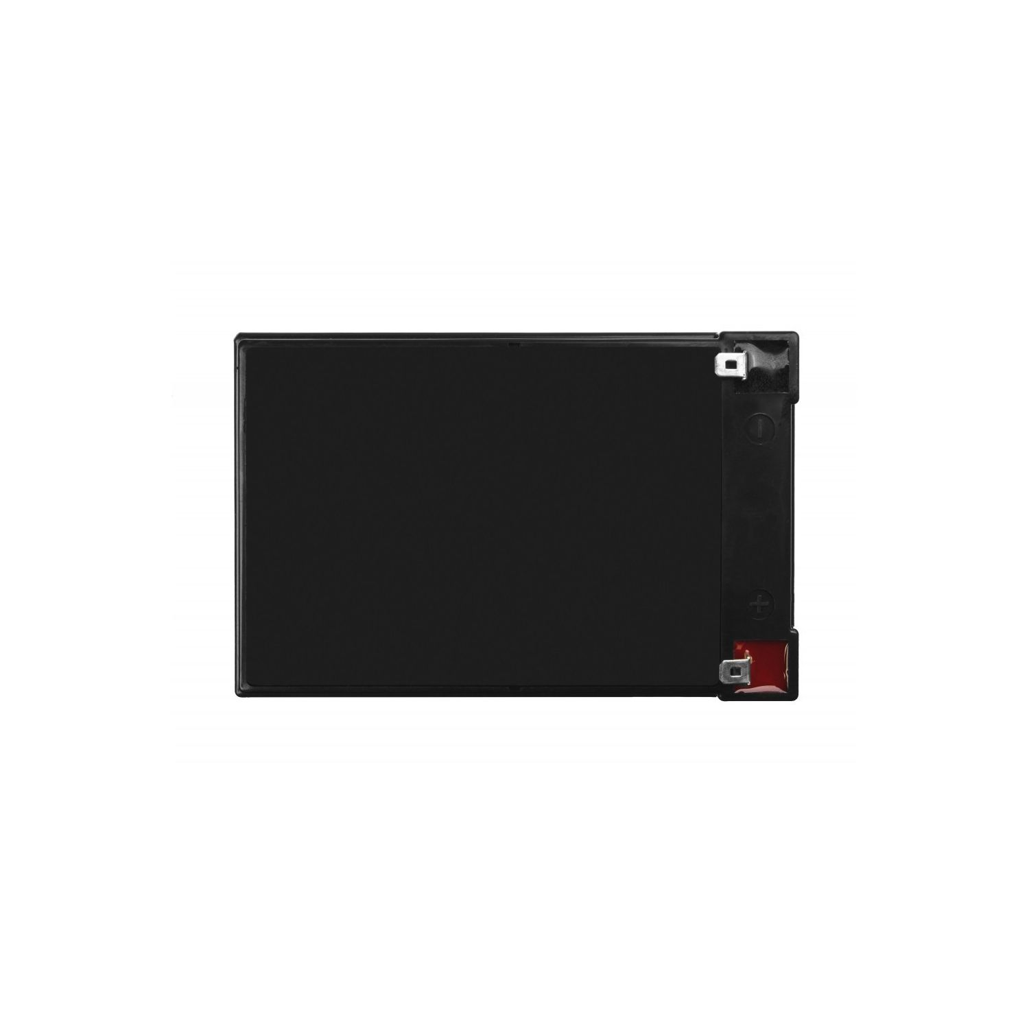 Schwarze rechteckige Batterie mit roten und schwarzen Anschlüssen. Auf weißer Oberfläche mit Etikett.