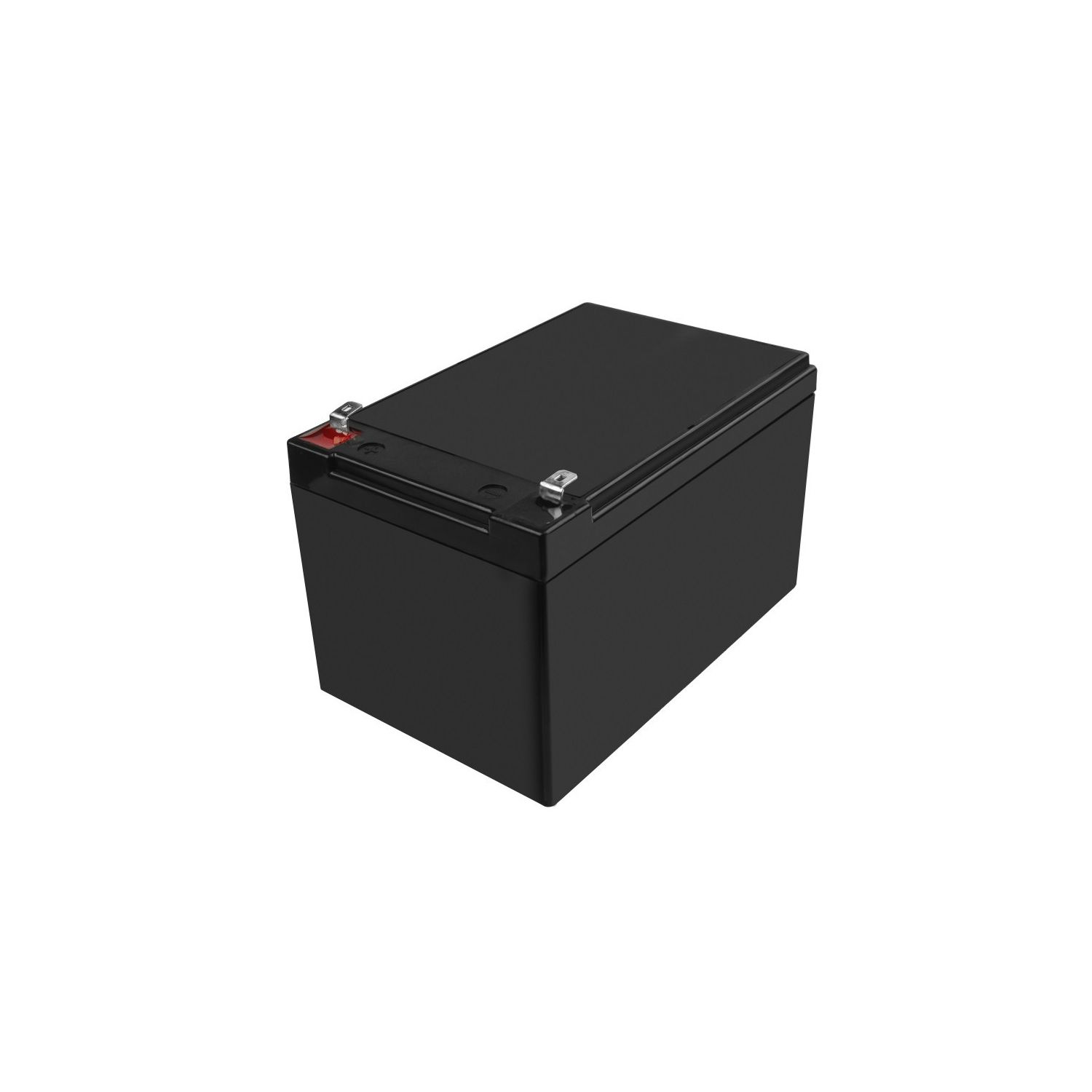 Schwarze rechteckige Batterie mit roten und schwarzen Anschlüssen oben. Es ist eine Blei-Säure-Batterie.