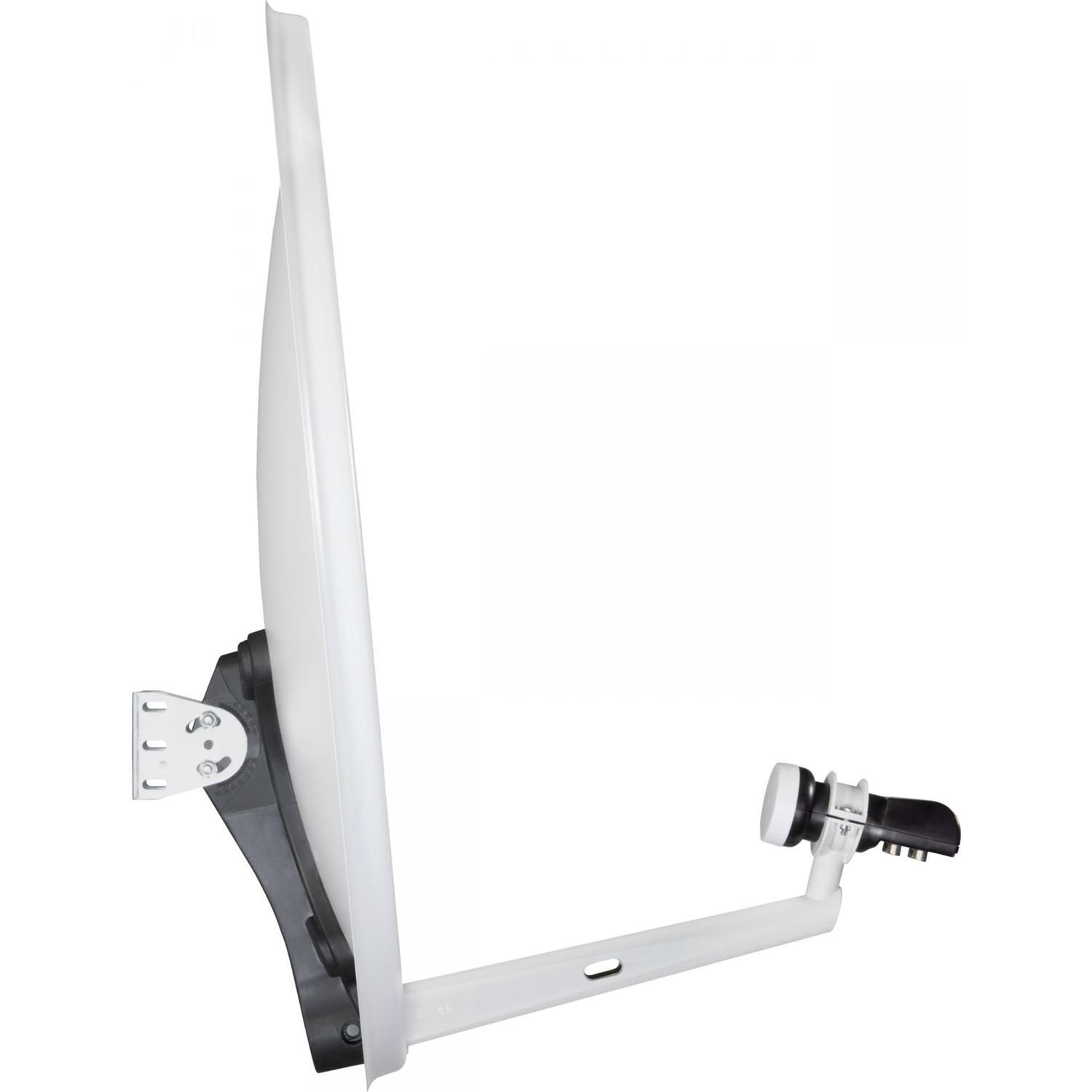 Weiße Satellitenschüssel mit schwarzem Arm, an einer Wand montiert. Die Schüssel ist angewinkelt.