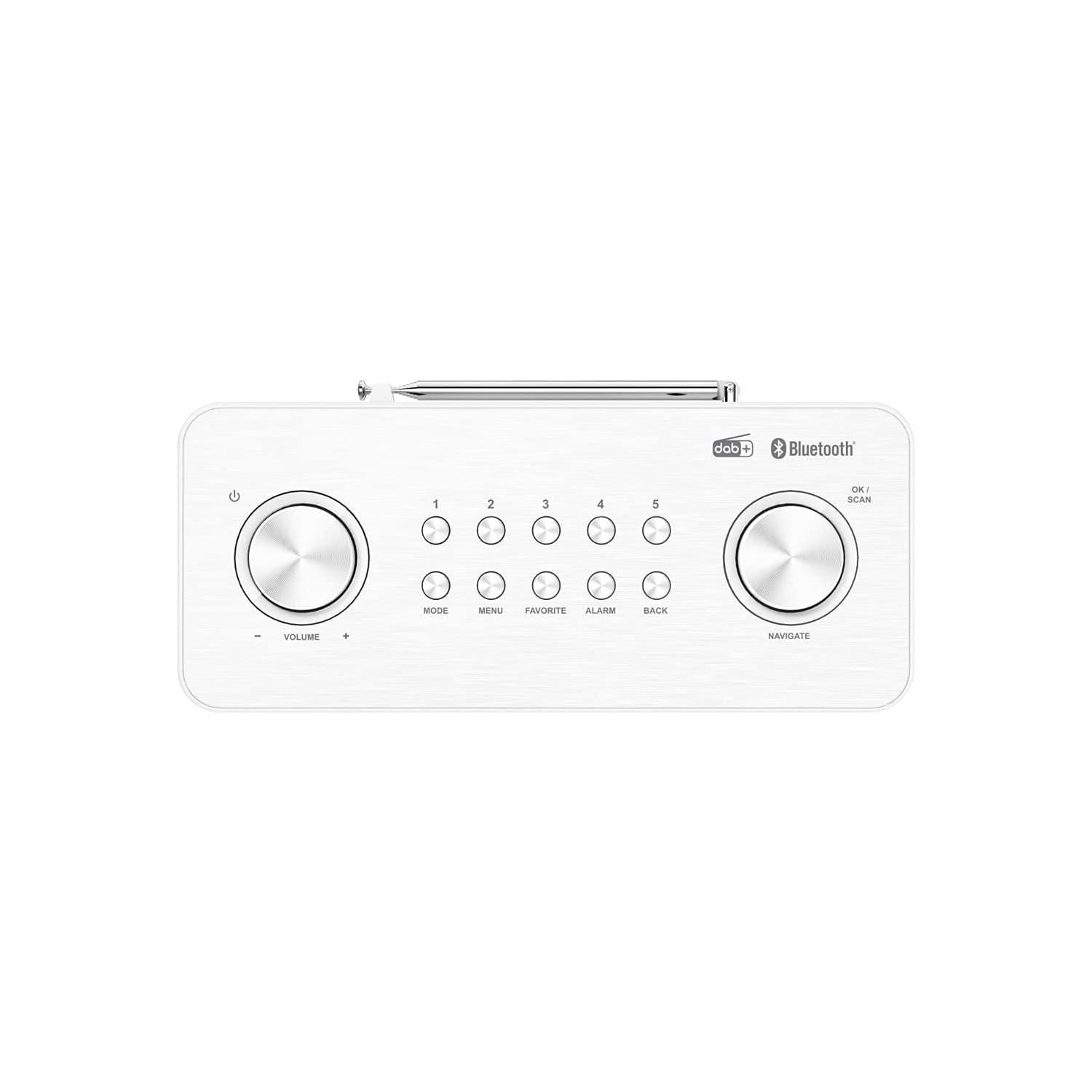 Białe radio ze srebrnymi elementami sterującymi i małą anteną. Przyciski są opisane.