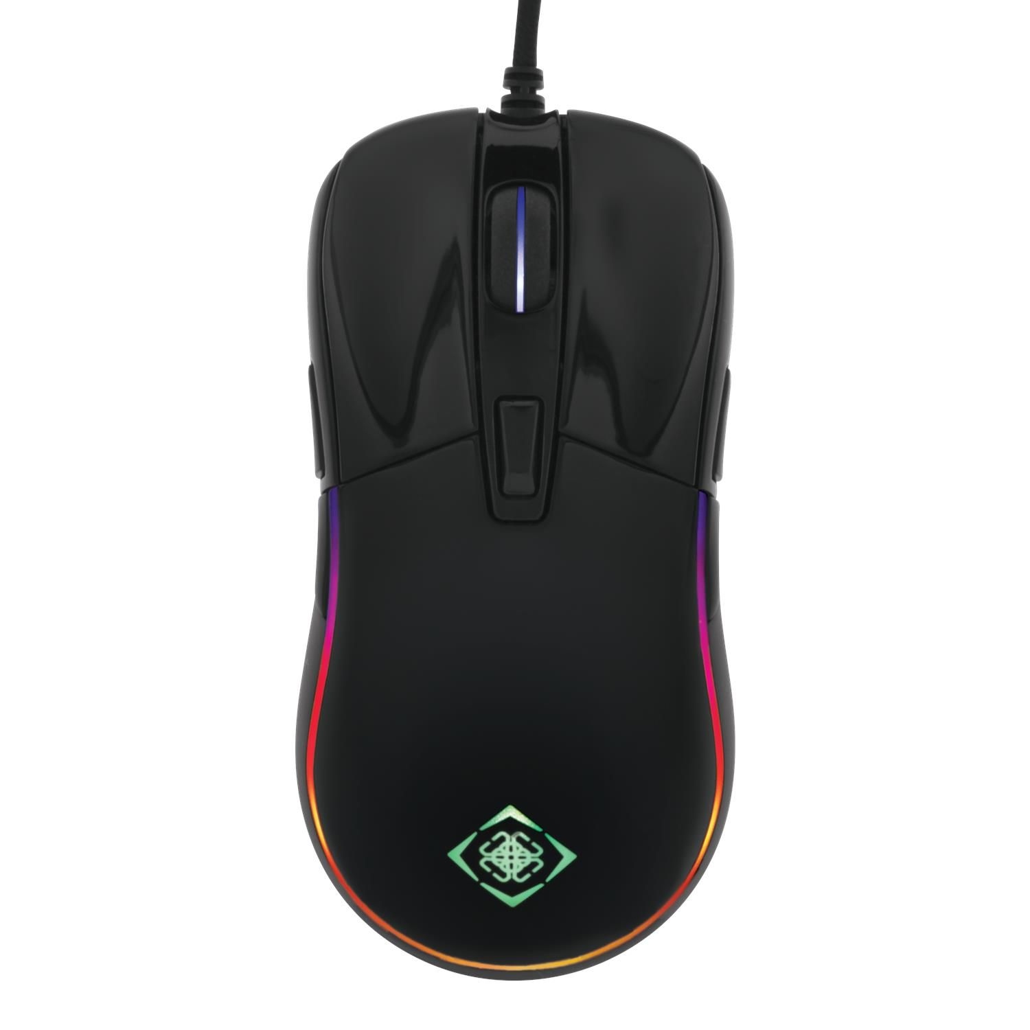 Eine schwarze Computermaus mit RGB-Beleuchtung und einem Logo auf der Unterseite.