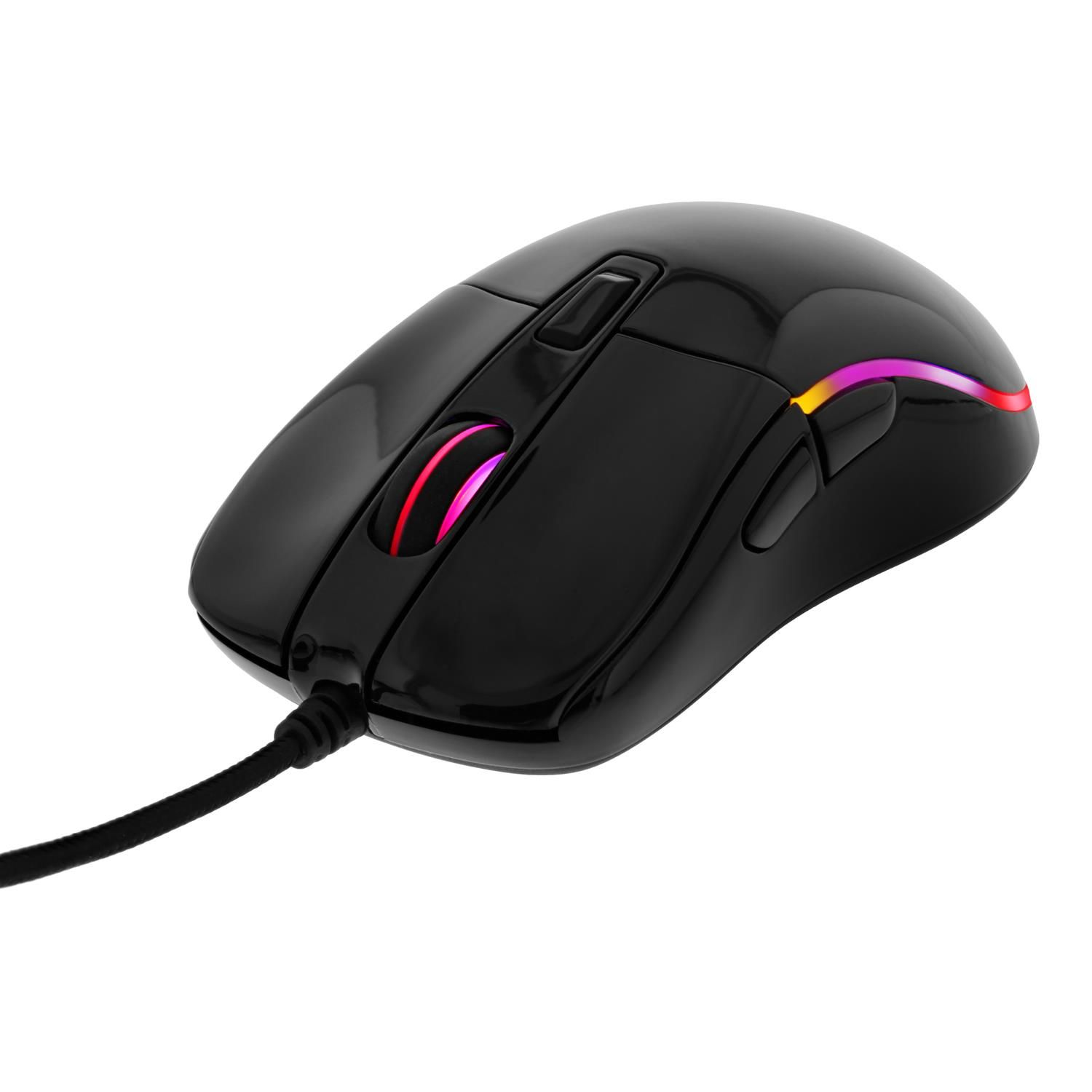 Eine schwarze Gaming-Maus mit einem roten und lila Lichtstreifen.