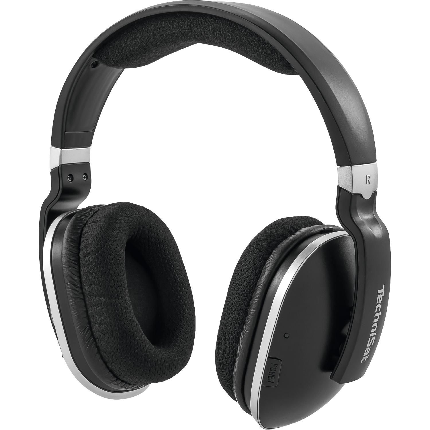 Czarne i srebrne słuchawki na białym tle. Słuchawki są skierowane w stronę widza.