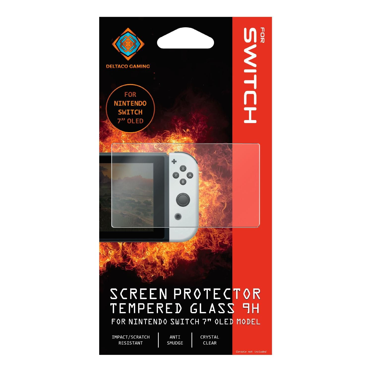 Eine Displayschutzbox für eine Nintendo Switch 7" OLED, mit einer Switch-Konsole in Flammen.