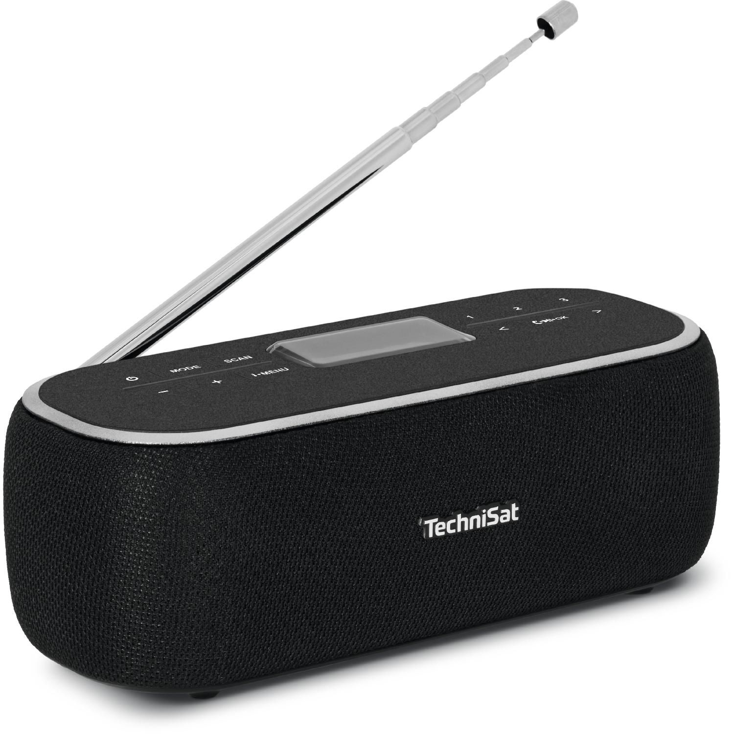 Black radio with antenna, display, and control buttons.