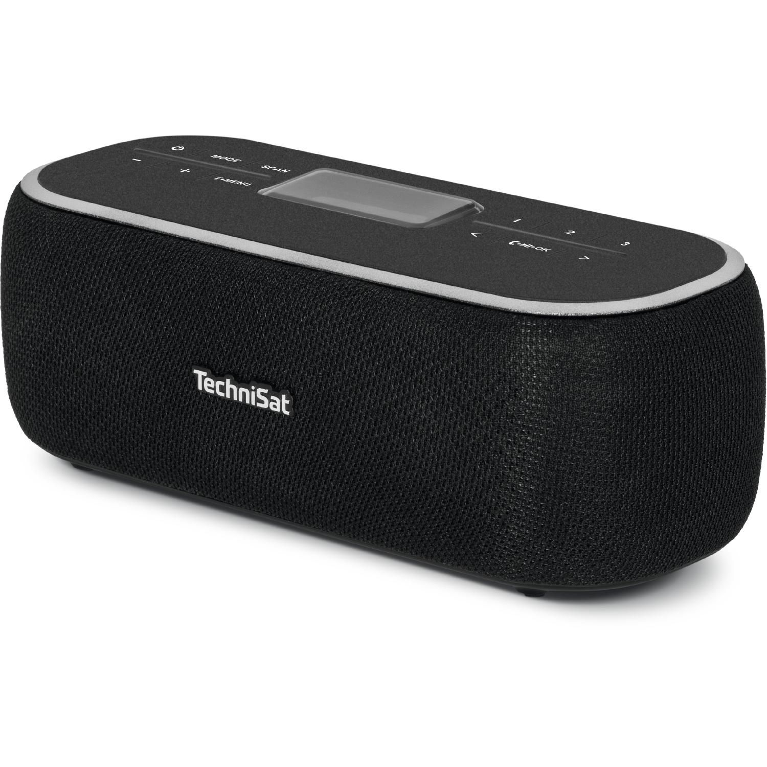 Black, oval-shaped speaker with TechniSat logo and control buttons on top, set against a white background.