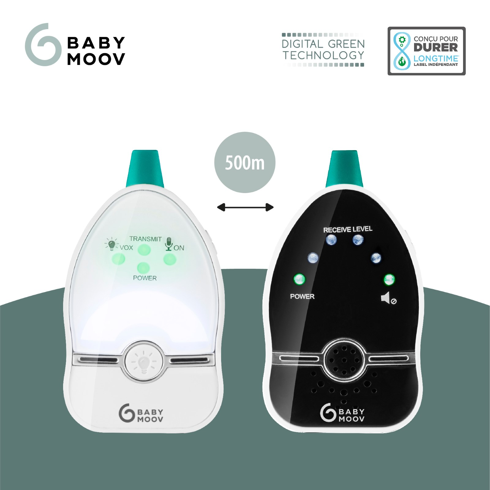 Ein weißes und schwarzes Babyphone mit zwei Einheiten, die einen Abstand von 500 m zeigen.