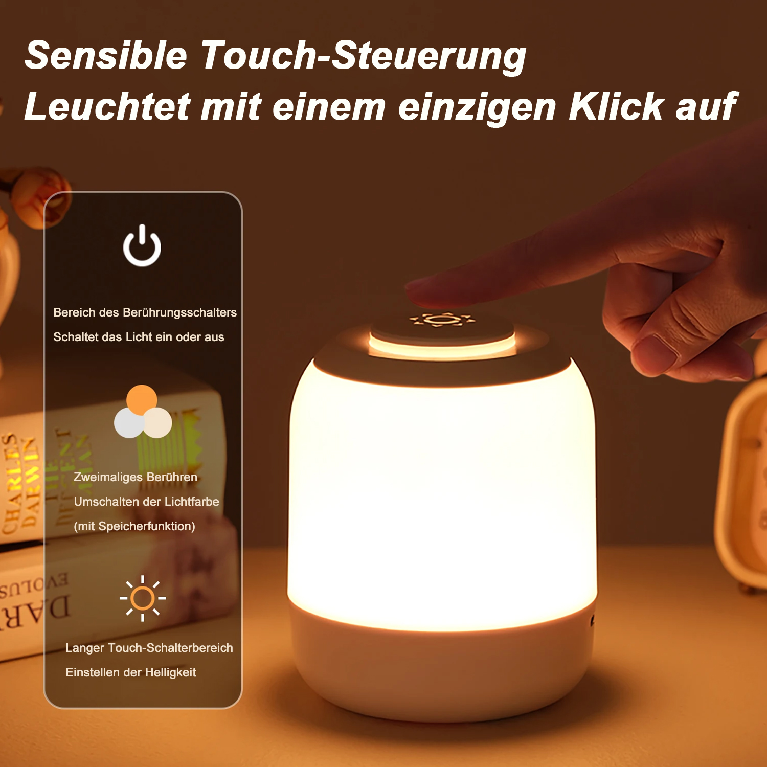 Eine beleuchtete Nachttischlampe mit einem Finger, der den Berührungsschalter berührt.