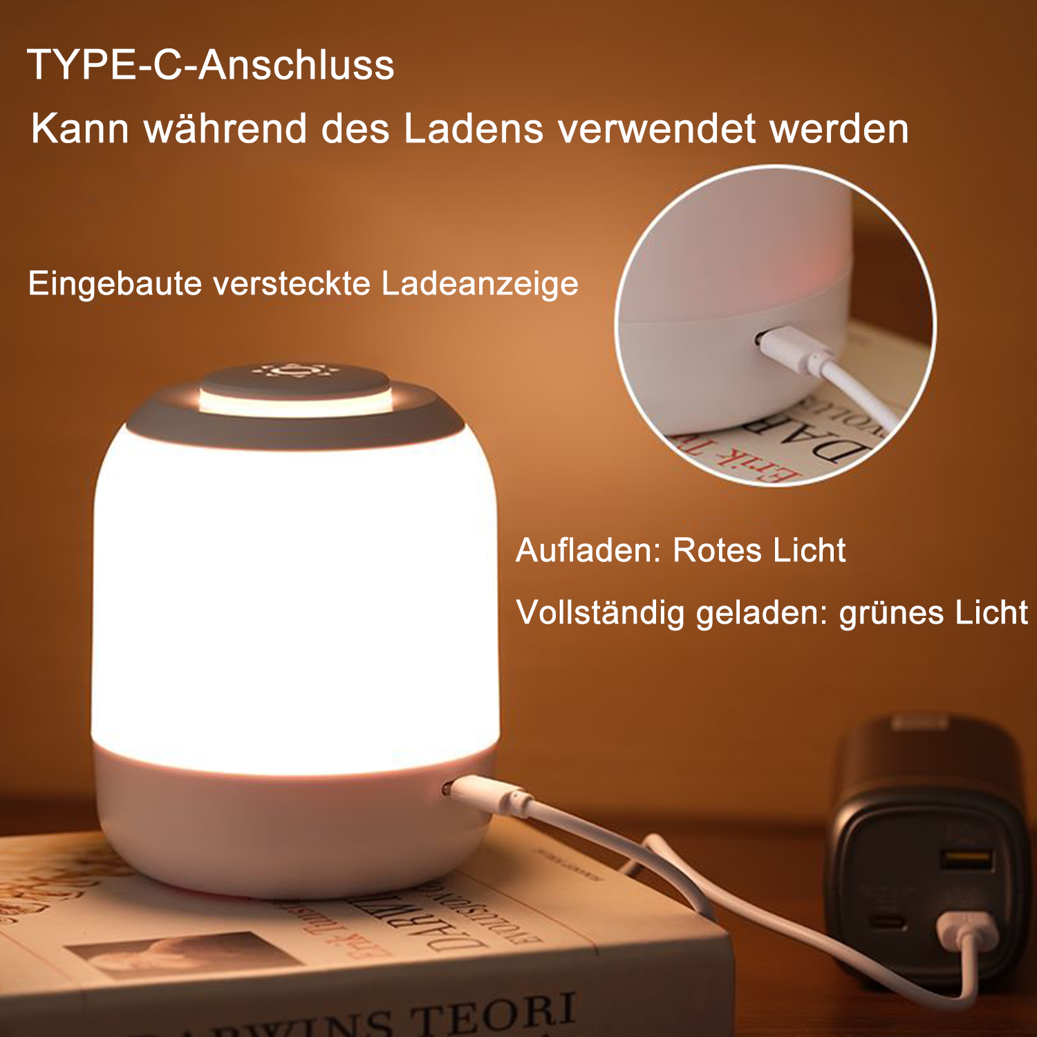 Weiße Lampe mit weißem USB-Kabel. Text: Laden: Rotes Licht, Voll geladen: Grünes Licht.