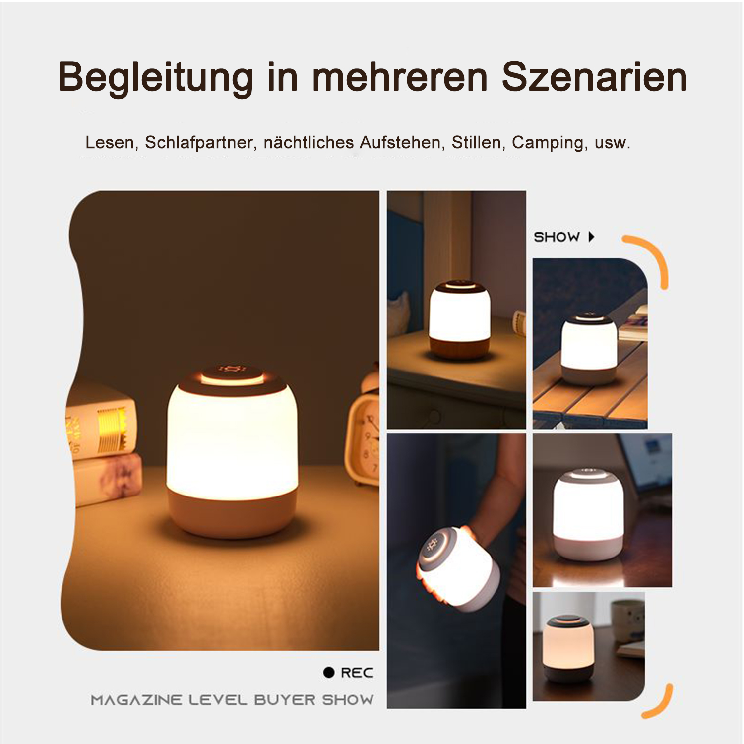 Eine Werbung zeigt eine Nachttischlampe in verschiedenen Umgebungen. Die Lampe ist weiß und braun. Der Hintergrund ist ein Raum.