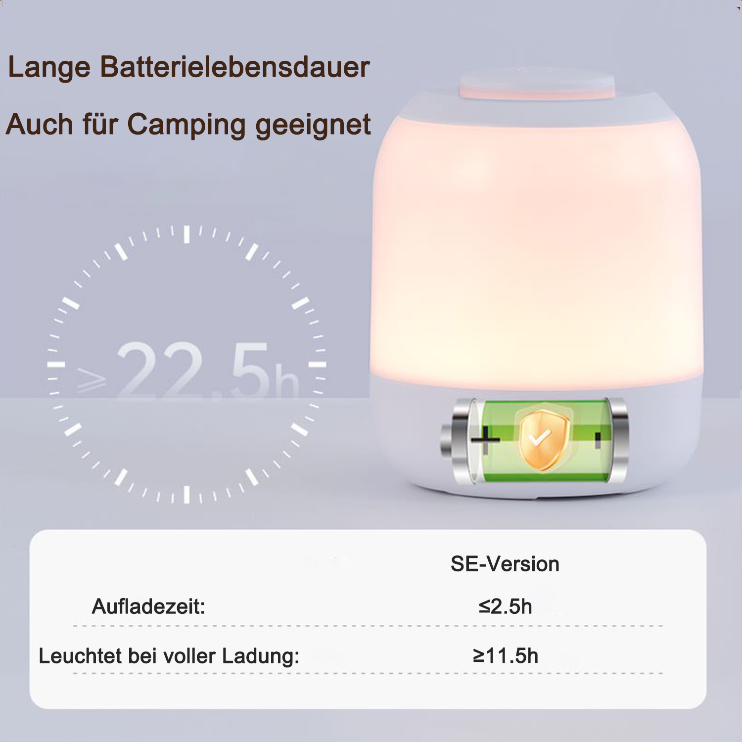 Weiße Lampe mit leuchtender Glühbirne und Digitalanzeige mit Zeit und Ladung.