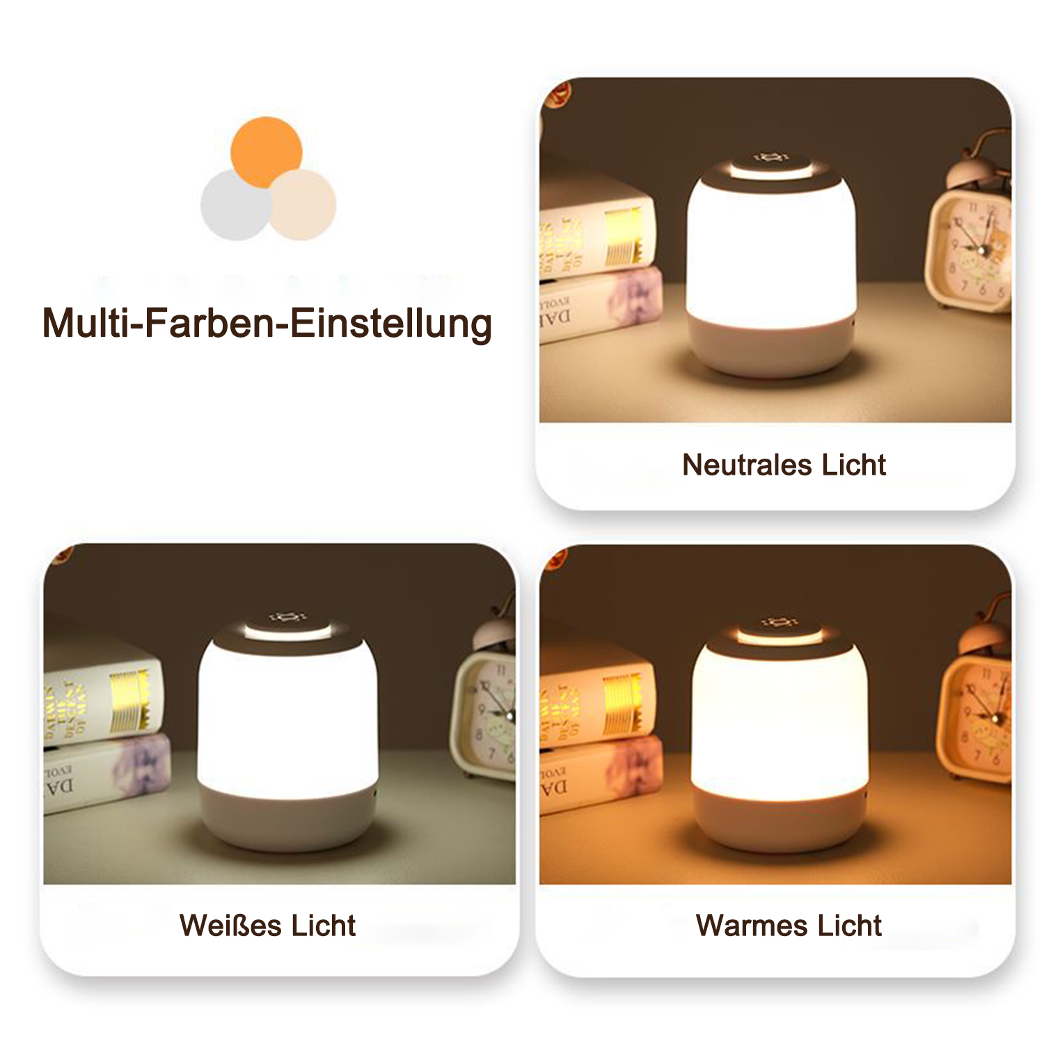 Vier Bilder einer weißen Nachttischlampe in verschiedenen Lichteinstellungen: neutral, weiß und warm.
